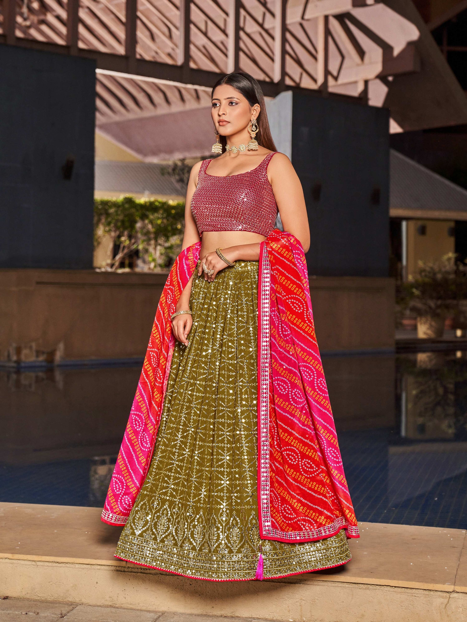 Jyoti Fashion Women's Olive Georgette Zari & Heavy Sequin Embroidery Lehenga Choli & Dupatta | Swadesiicart