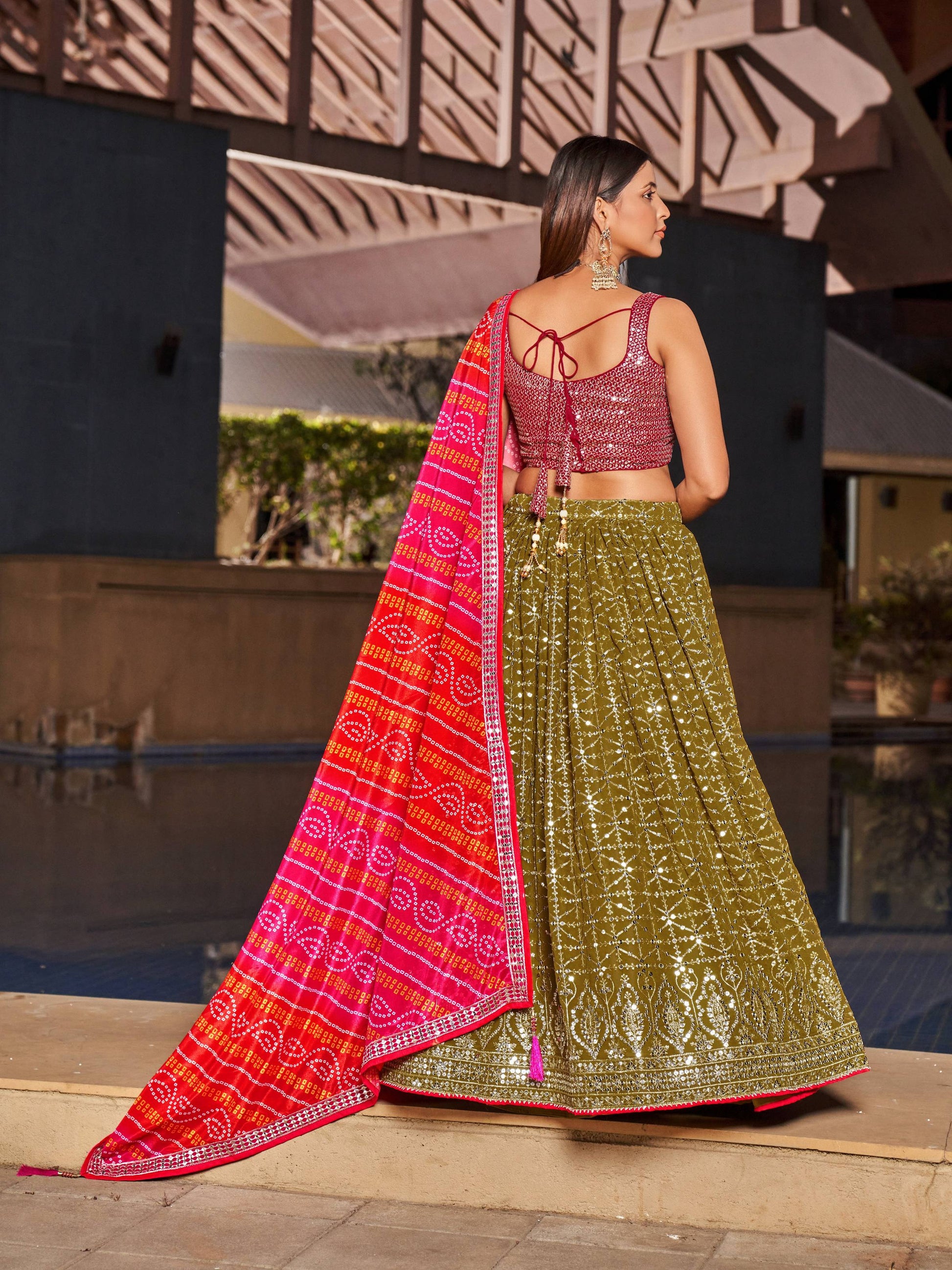 Jyoti Fashion Women's Olive Georgette Zari & Heavy Sequin Embroidery Lehenga Choli & Dupatta | Swadesiicart