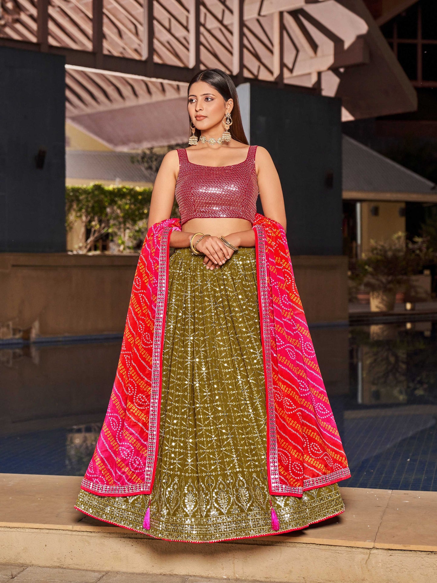 Jyoti Fashion Women's Olive Georgette Zari & Heavy Sequin Embroidery Lehenga Choli & Dupatta | Swadesiicart