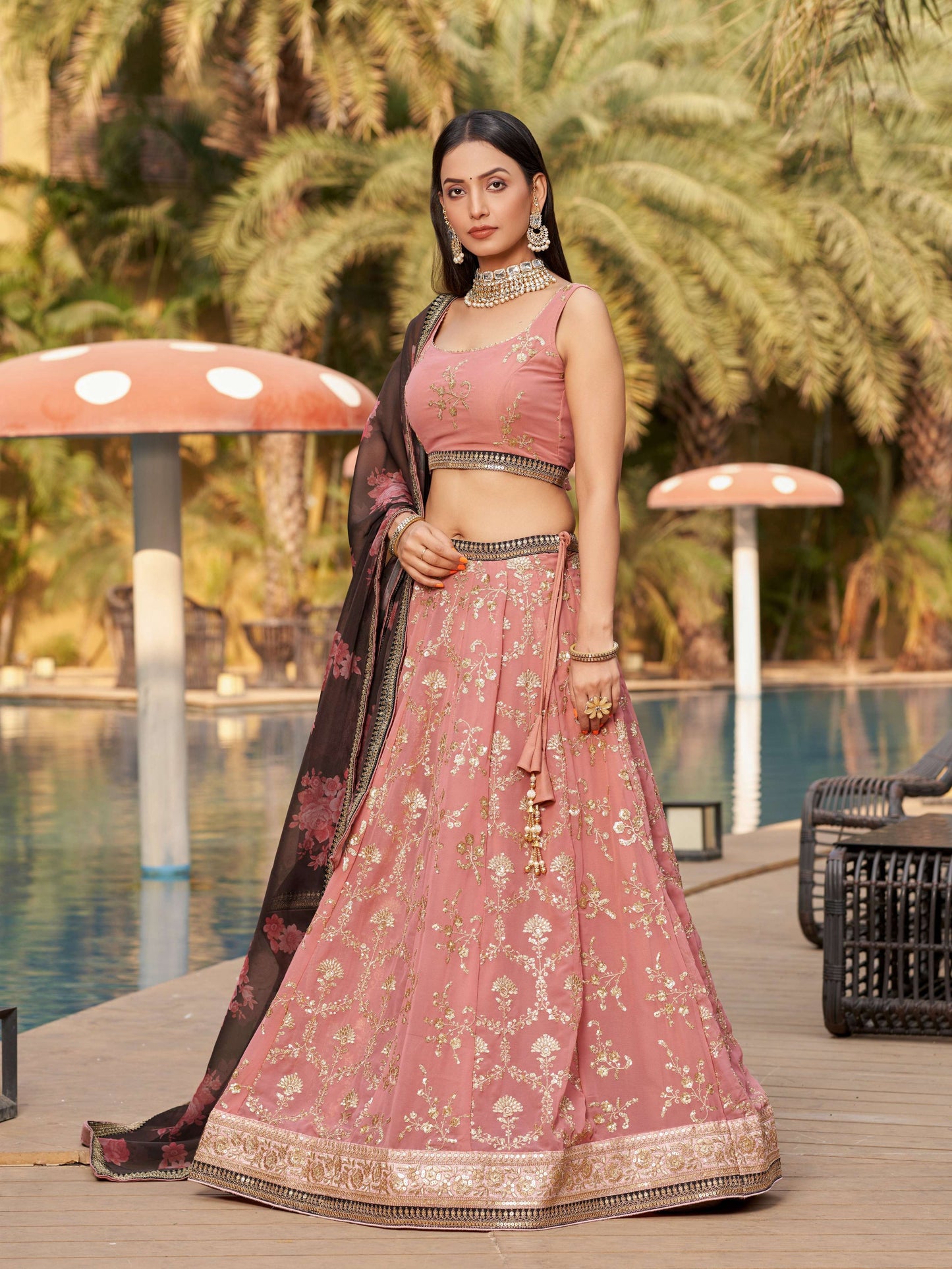Jyoti Fashion Women's Pink Georgette Zari & Heavy Sequin Embroidery Lehenga Choli & Dupatta | Swadesiicart