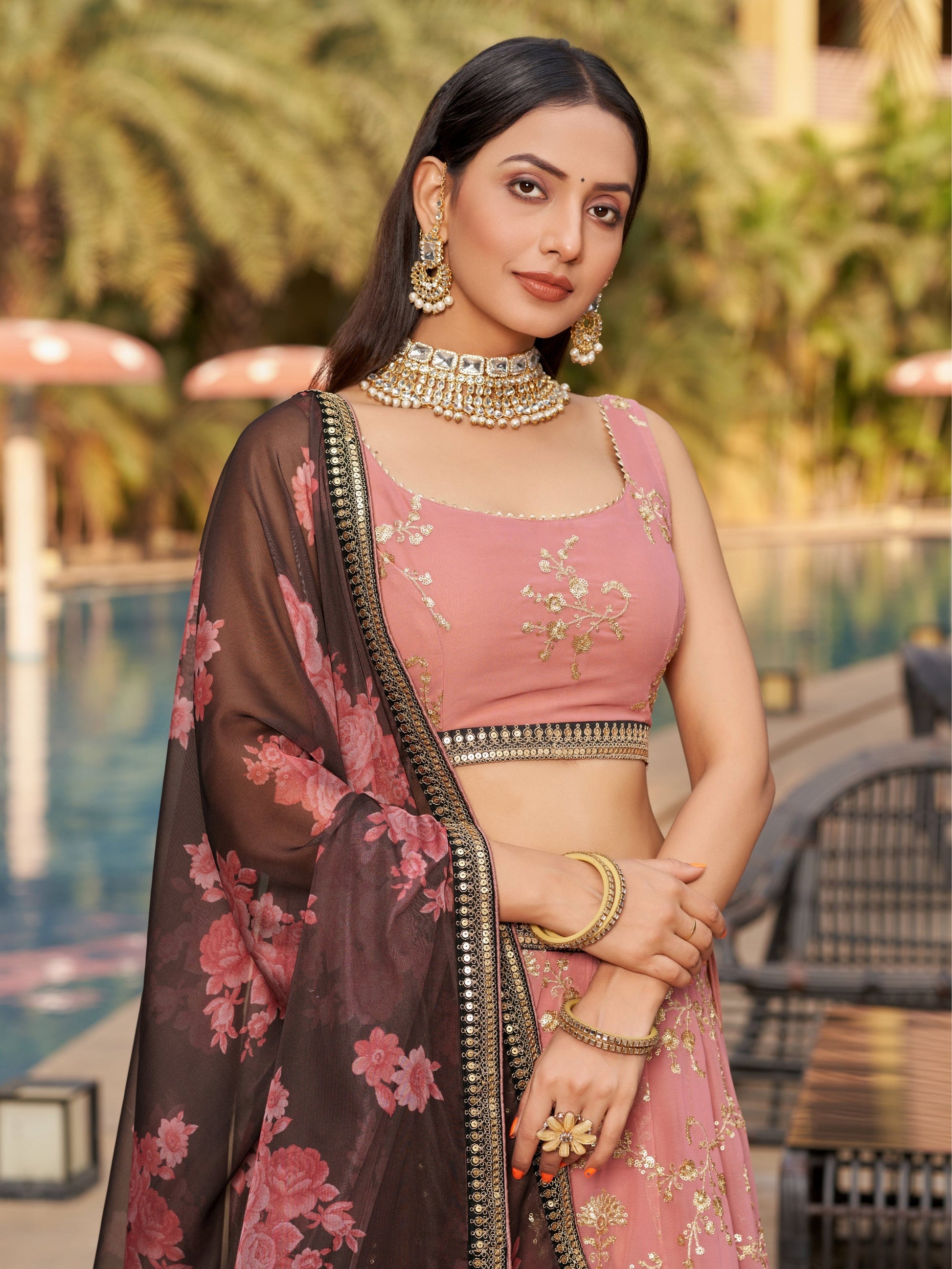 Jyoti Fashion Women's Pink Georgette Zari & Heavy Sequin Embroidery Lehenga Choli & Dupatta | Swadesiicart