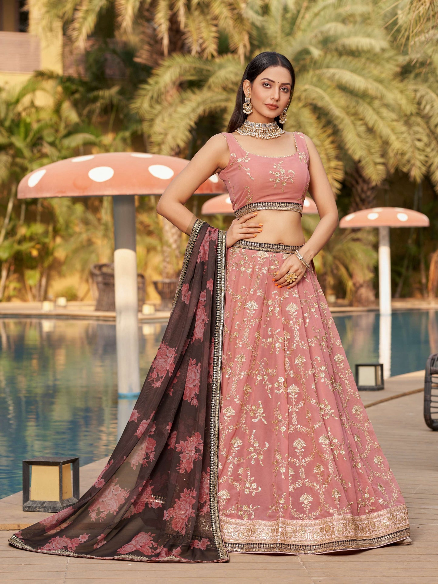 Jyoti Fashion Women's Pink Georgette Zari & Heavy Sequin Embroidery Lehenga Choli & Dupatta | Swadesiicart