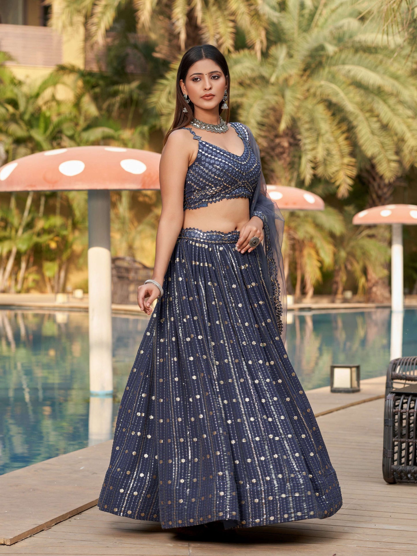 Jyoti Fashion Women's Grey Georgette Zari & Heavy Sequin Embroidery Lehenga Choli & Dupatta | Swadesiicart