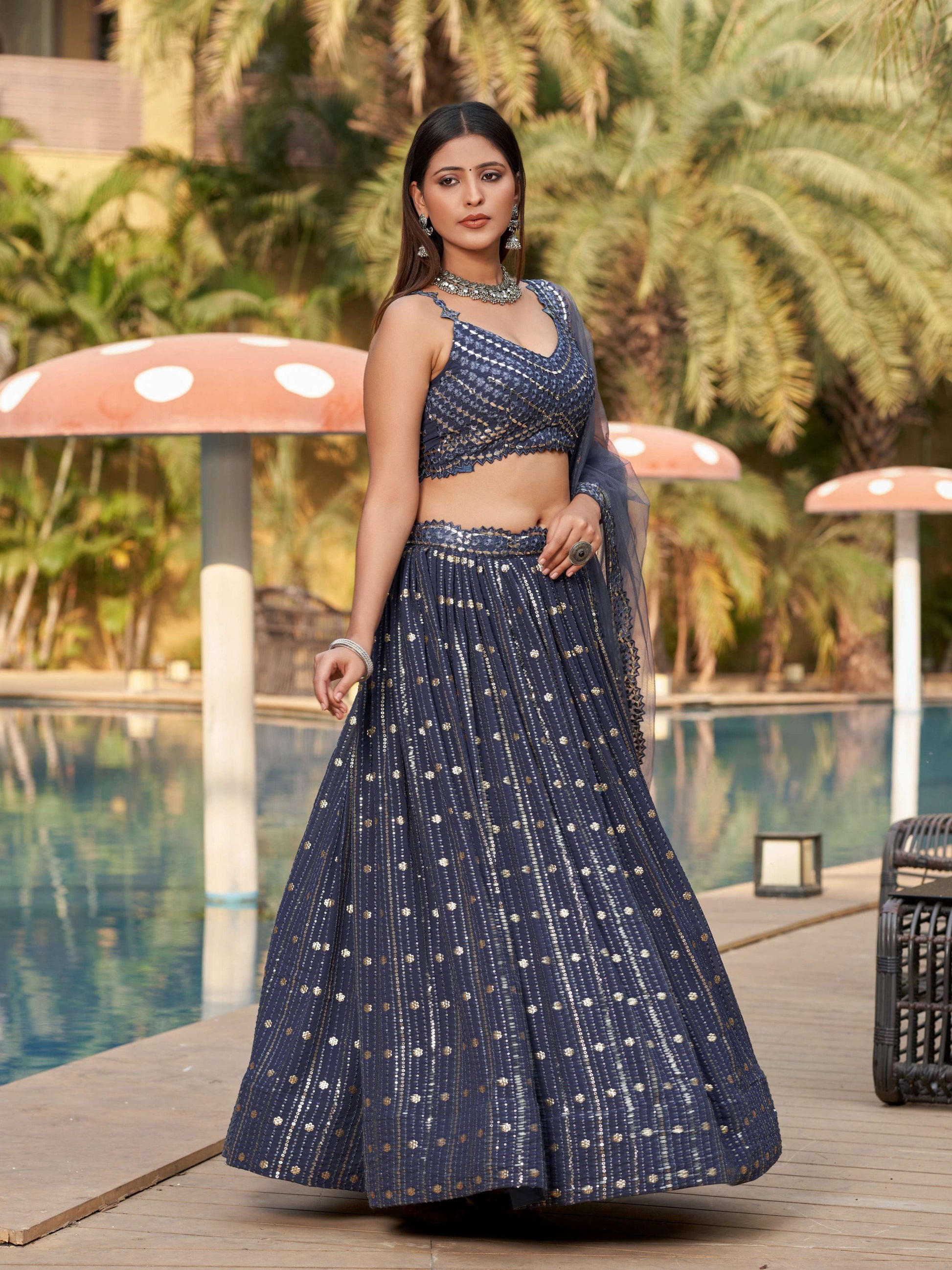 Jyoti Fashion Women's Grey Georgette Zari & Heavy Sequin Embroidery Lehenga Choli & Dupatta | Swadesiicart