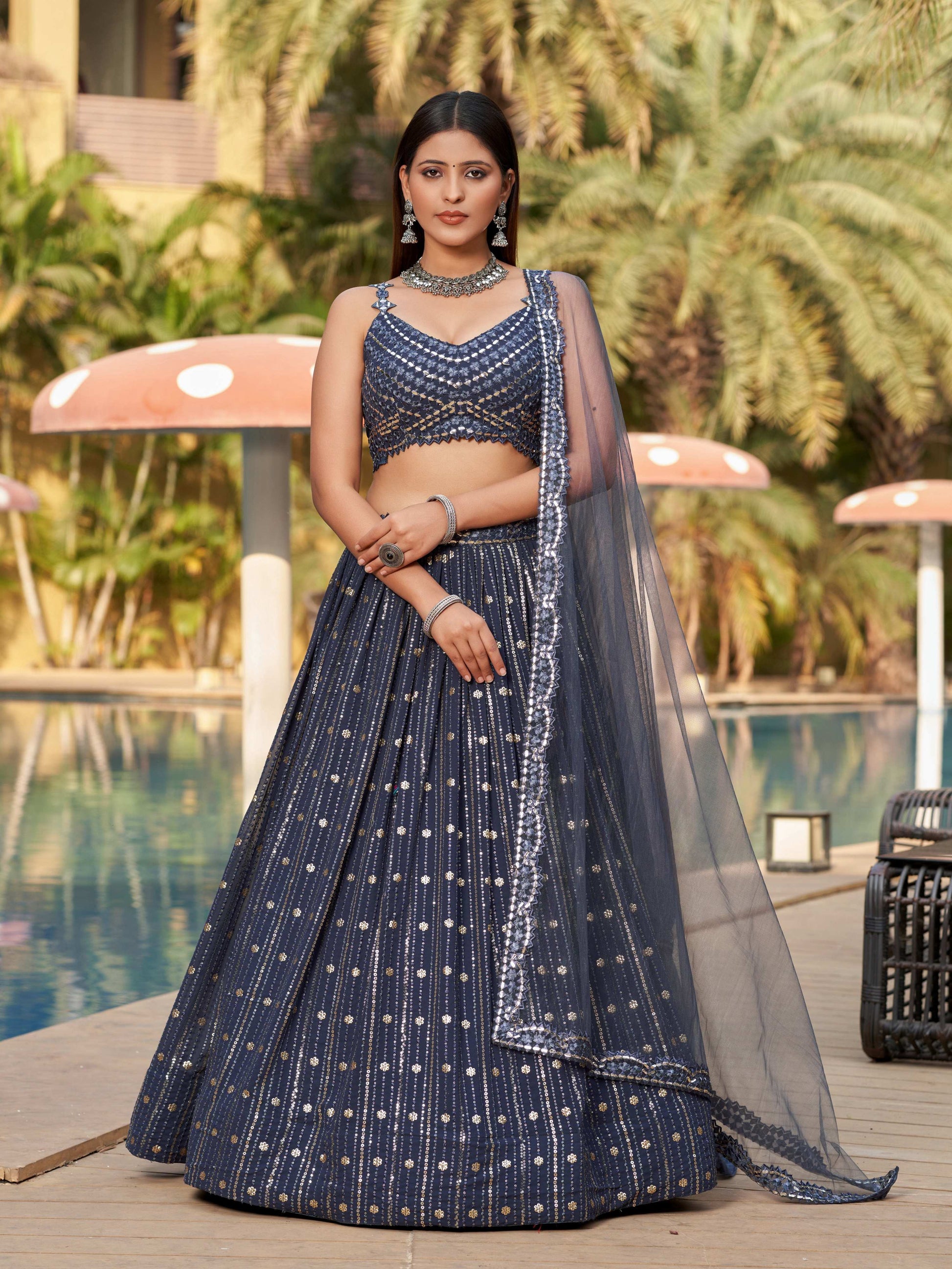 Jyoti Fashion Women's Grey Georgette Zari & Heavy Sequin Embroidery Lehenga Choli & Dupatta | Swadesiicart