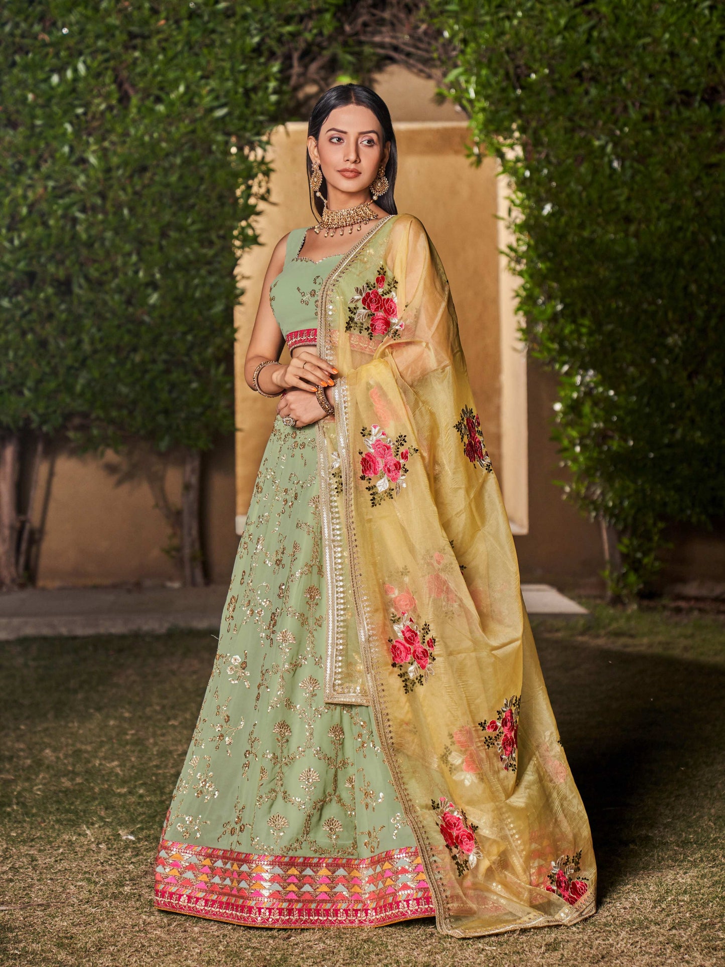 Jyoti Fashion Women's Pista Georgette Zari & Heavy Sequin Embroidery Lehenga Choli & Dupatta | Swadesiicart