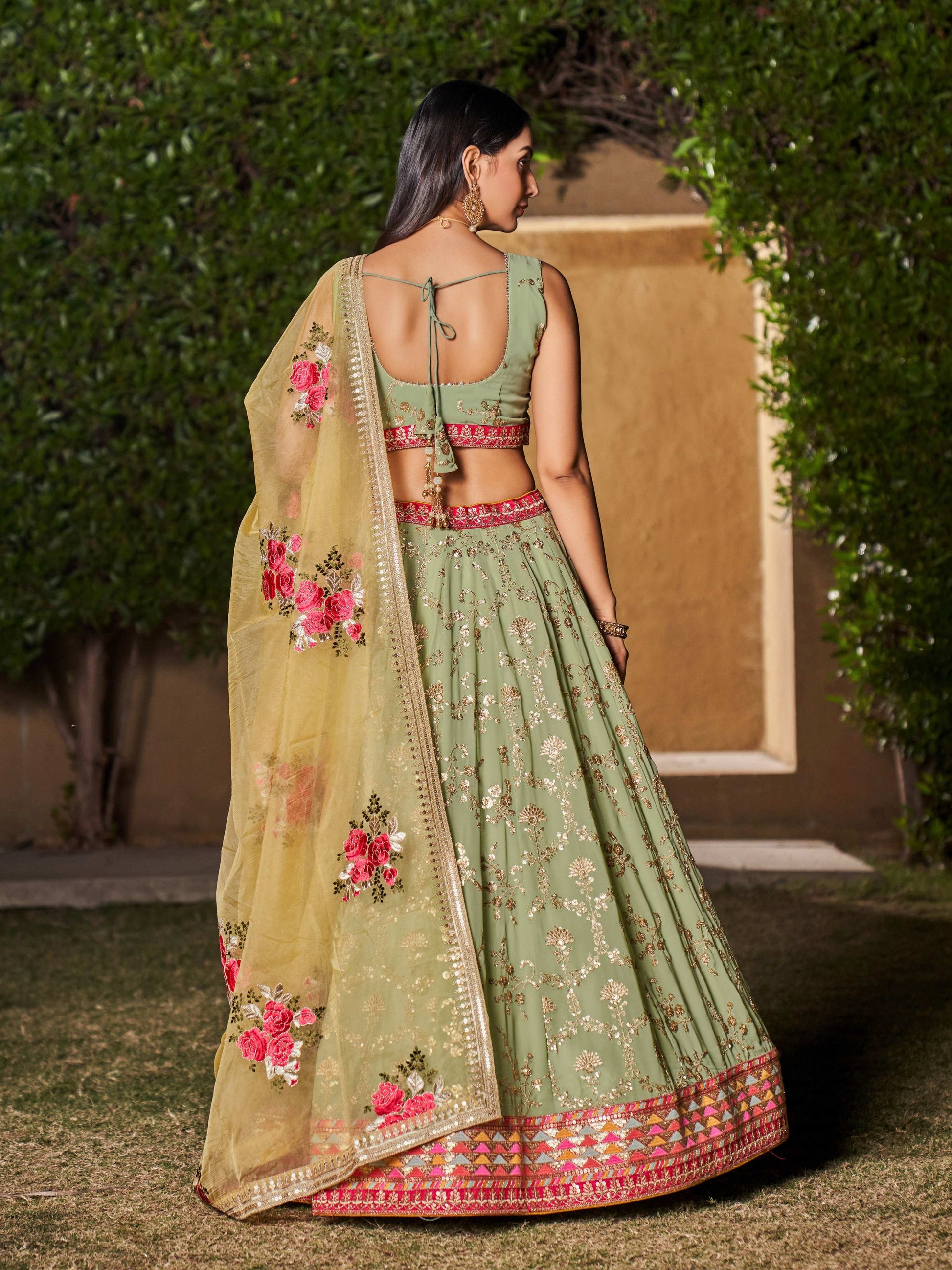 Jyoti Fashion Women's Pista Georgette Zari & Heavy Sequin Embroidery Lehenga Choli & Dupatta | Swadesiicart