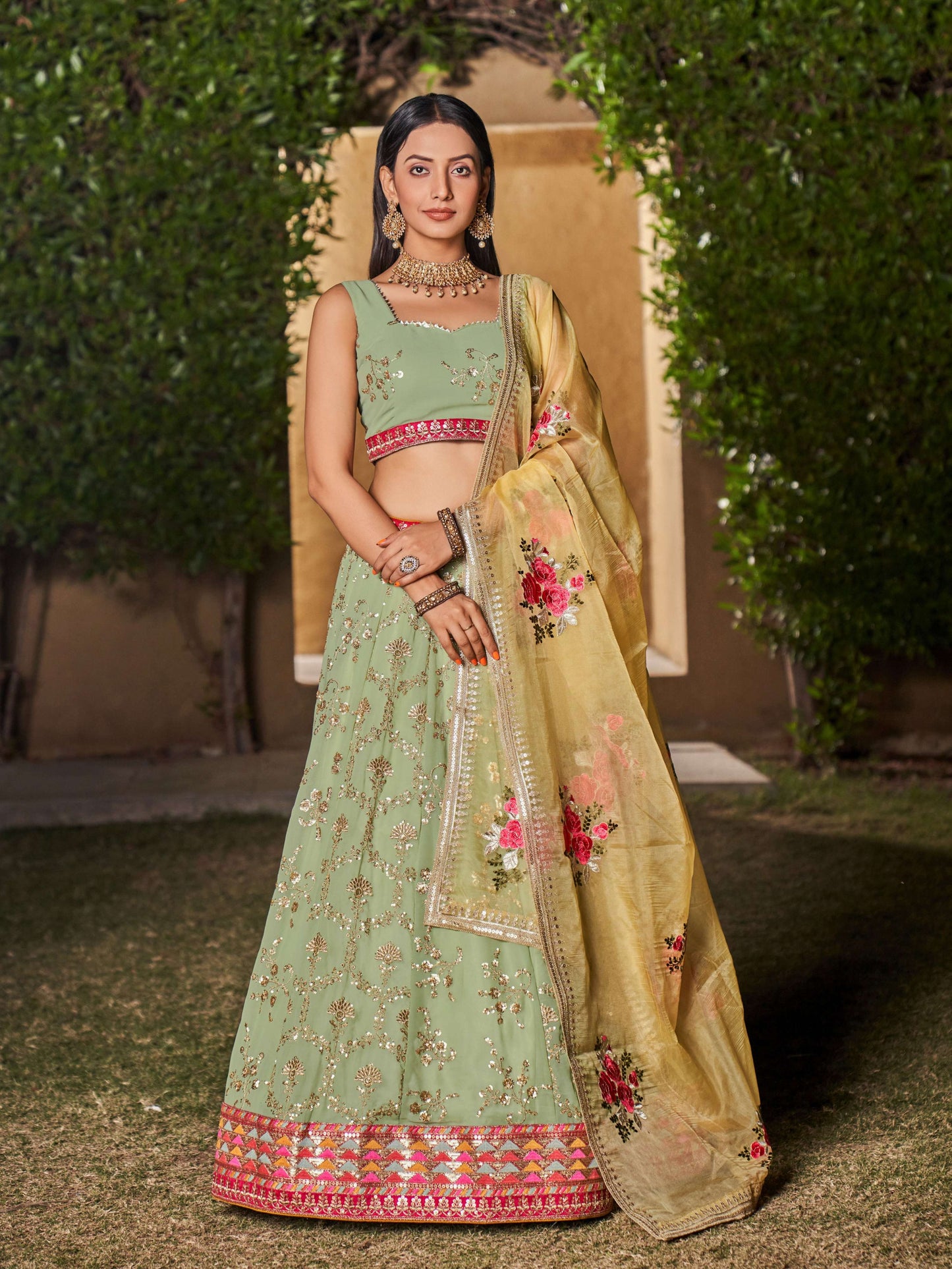 Jyoti Fashion Women's Pista Georgette Zari & Heavy Sequin Embroidery Lehenga Choli & Dupatta | Swadesiicart