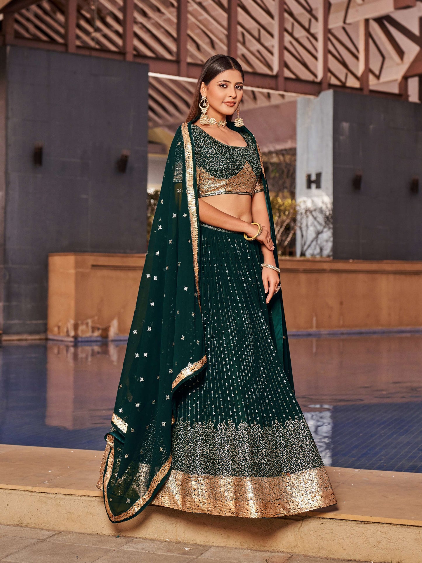 Jyoti Fashion Women's Green Georgette Zari & Heavy Sequin Embroidery Lehenga Choli & Dupatta | Swadesiicart