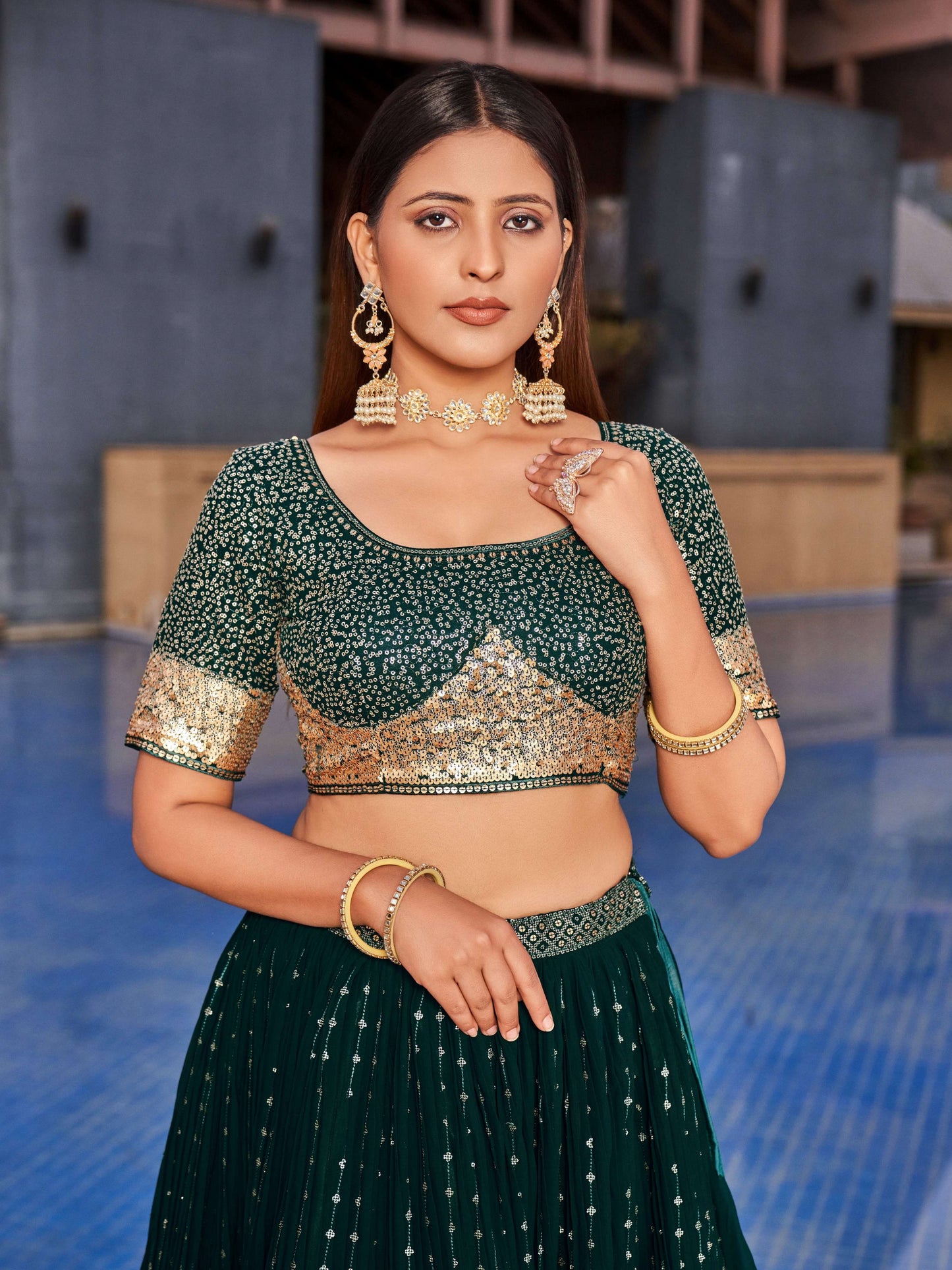 Jyoti Fashion Women's Green Georgette Zari & Heavy Sequin Embroidery Lehenga Choli & Dupatta | Swadesiicart