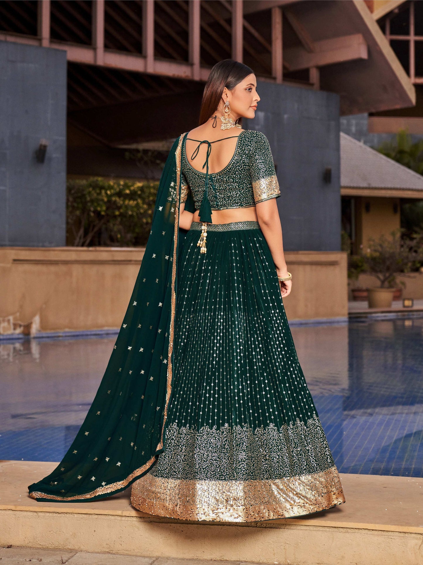 Jyoti Fashion Women's Green Georgette Zari & Heavy Sequin Embroidery Lehenga Choli & Dupatta | Swadesiicart