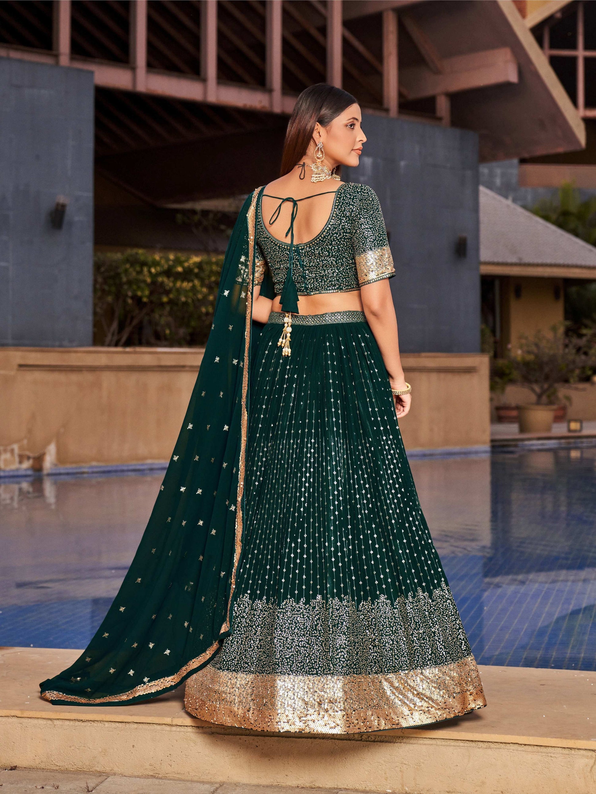 Jyoti Fashion Women's Green Georgette Zari & Heavy Sequin Embroidery Lehenga Choli & Dupatta | Swadesiicart