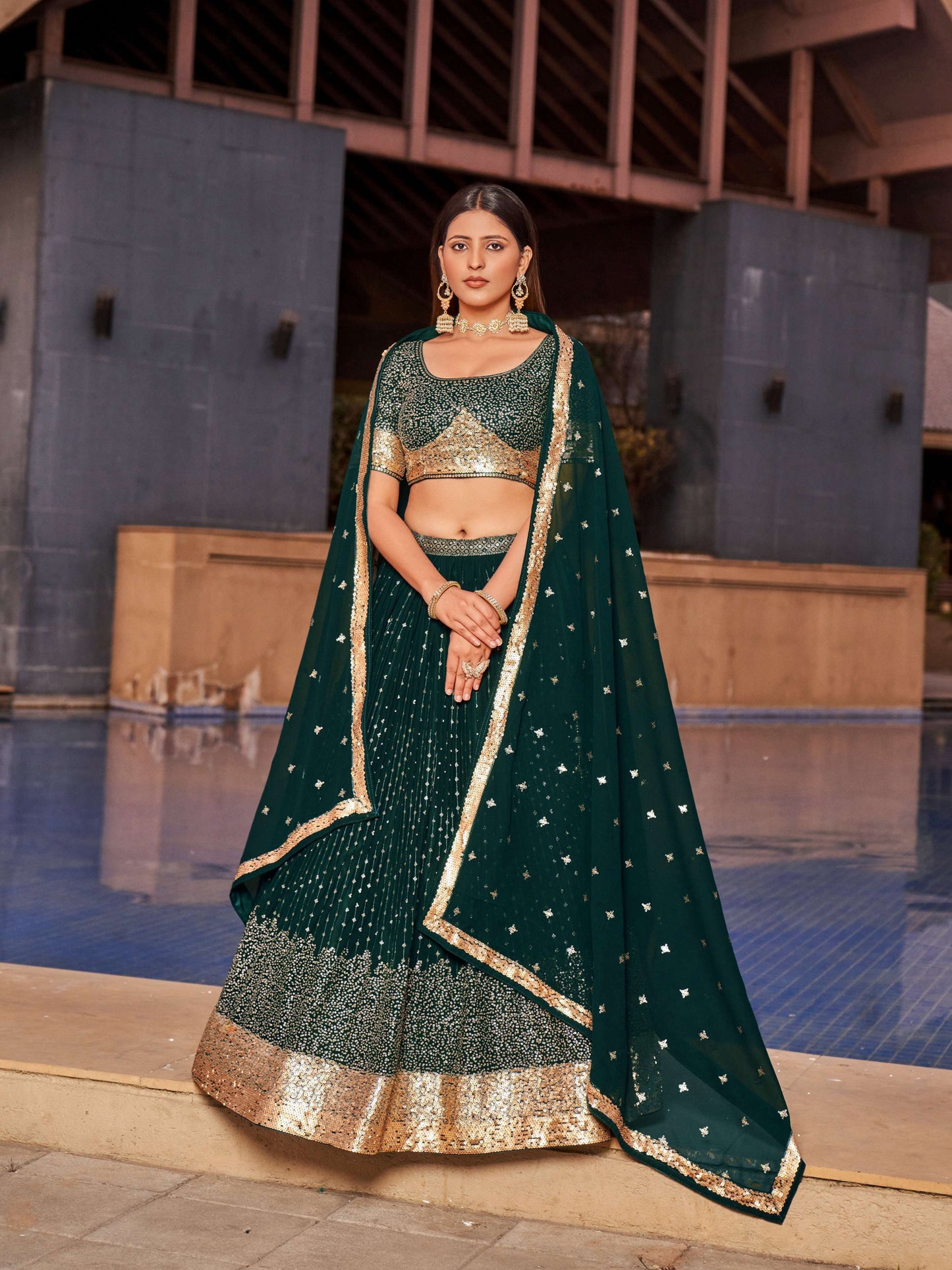 Jyoti Fashion Women's Green Georgette Zari & Heavy Sequin Embroidery Lehenga Choli & Dupatta | Swadesiicart