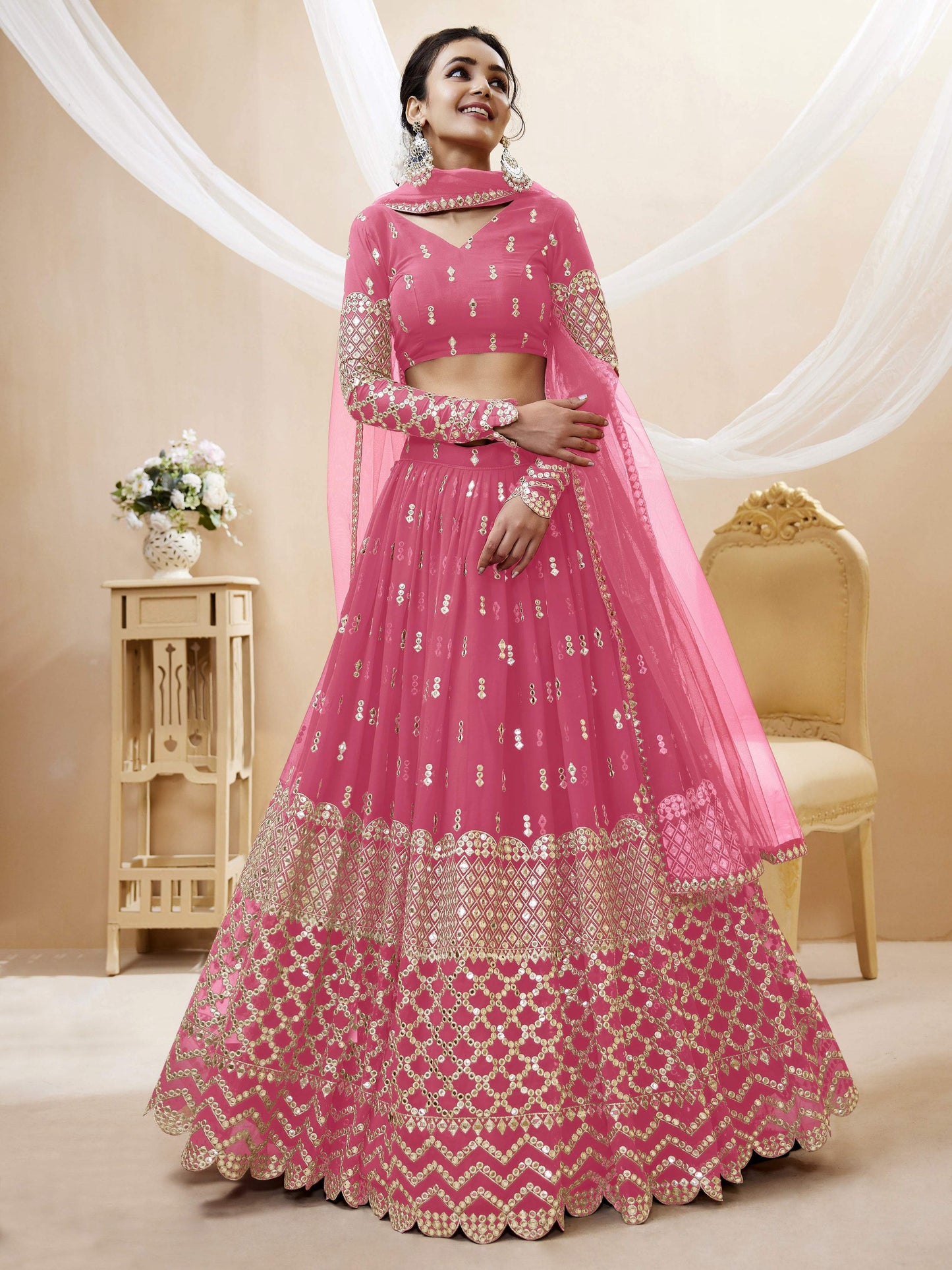Jyoti Fashion Women's Pink Georgette Sequins Zari Embroidered Lehenga Choli & Dupatta | Swadesiicart