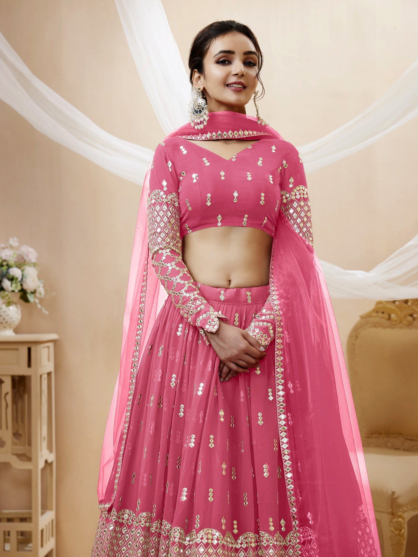 Jyoti Fashion Women's Pink Georgette Sequins Zari Embroidered Lehenga Choli & Dupatta | Swadesiicart