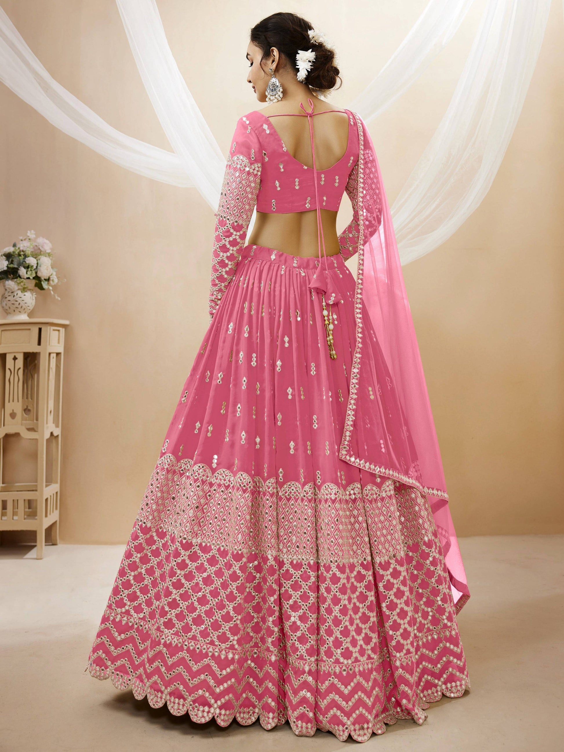 Jyoti Fashion Women's Pink Georgette Sequins Zari Embroidered Lehenga Choli & Dupatta | Swadesiicart