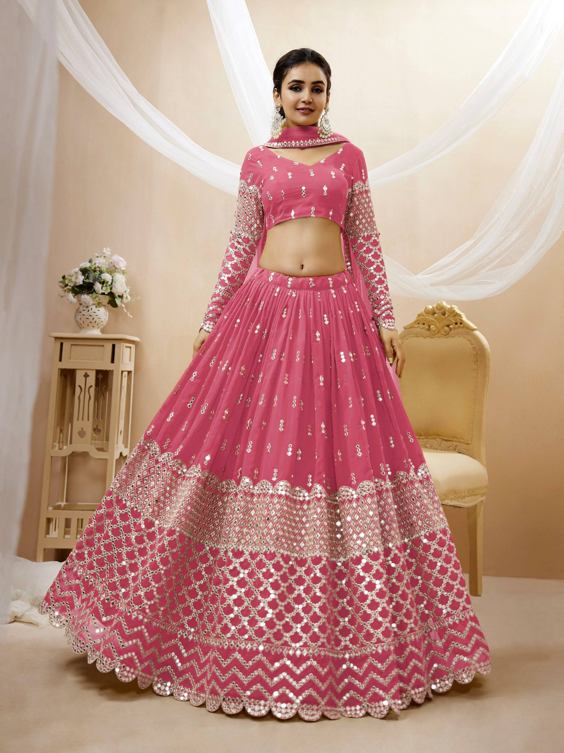 Jyoti Fashion Women's Pink Georgette Sequins Zari Embroidered Lehenga Choli & Dupatta | Swadesiicart