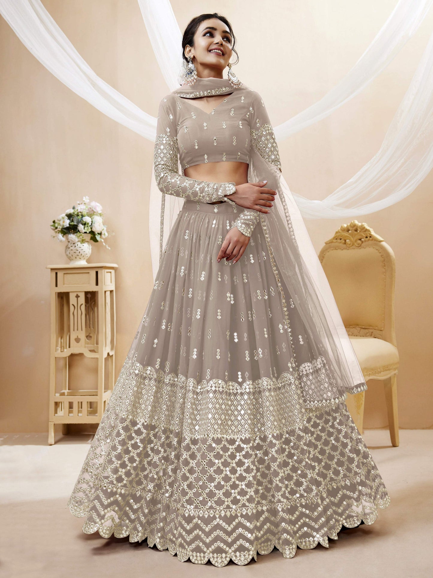 Jyoti Fashion Women's Grey Georgette Sequins Zari Embroidered Lehenga Choli & Dupatta | Swadesiicart