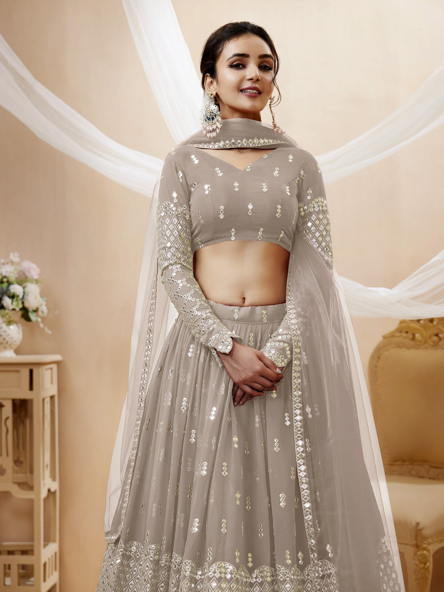 Jyoti Fashion Women's Grey Georgette Sequins Zari Embroidered Lehenga Choli & Dupatta | Swadesiicart