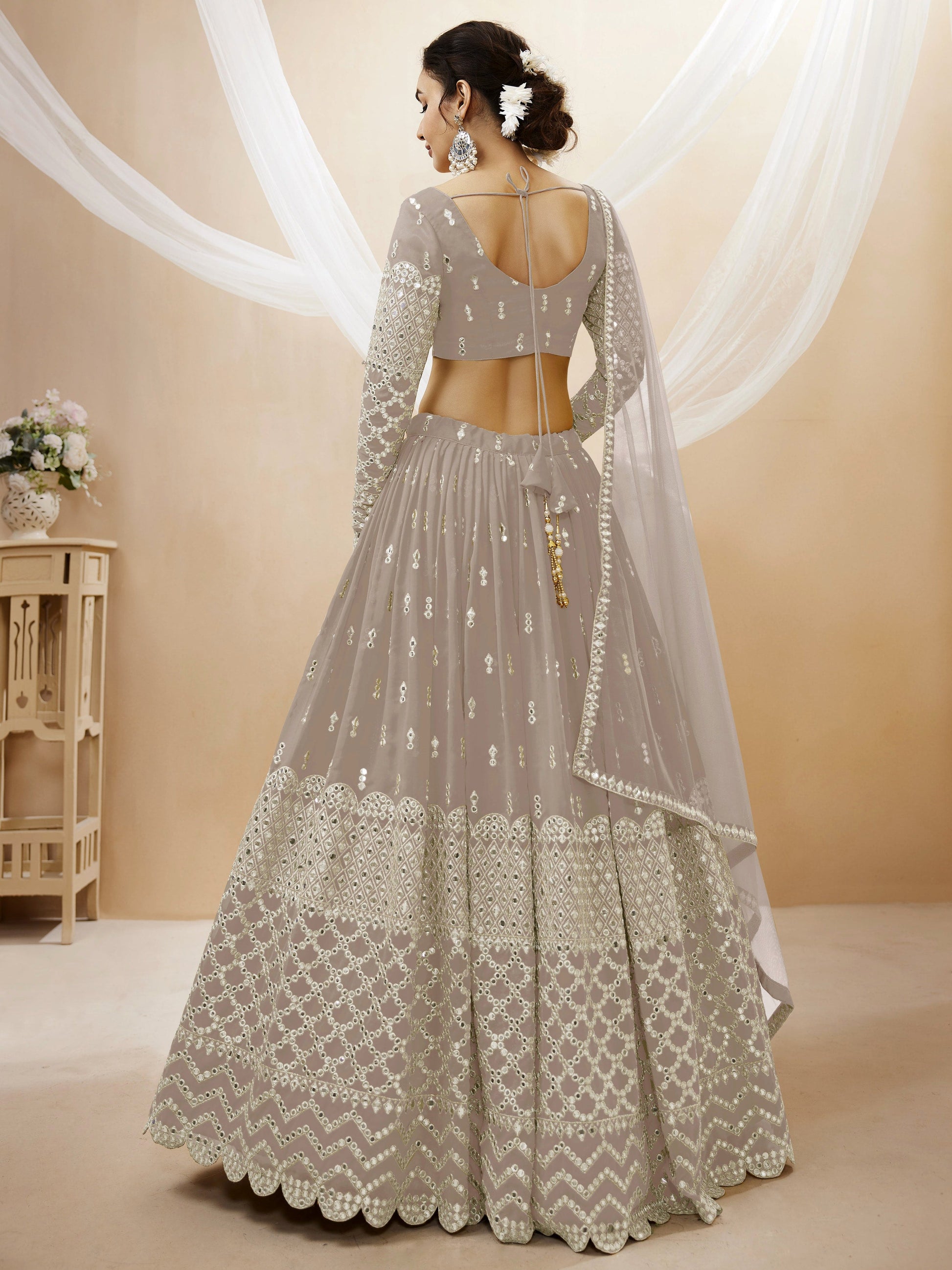 Jyoti Fashion Women's Grey Georgette Sequins Zari Embroidered Lehenga Choli & Dupatta | Swadesiicart