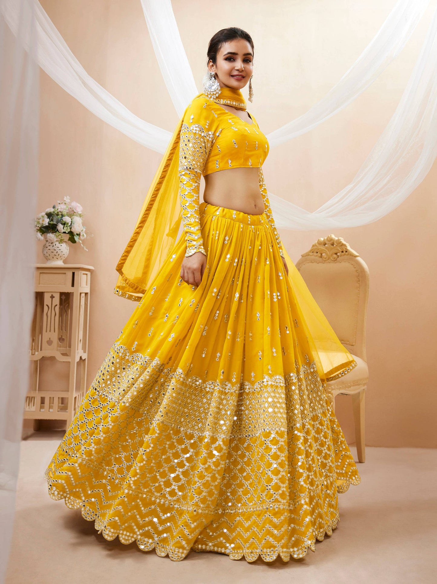Jyoti Fashion Women's Yellow Georgette Sequins Zari Embroidered Lehenga Choli & Dupatta | Swadesiicart