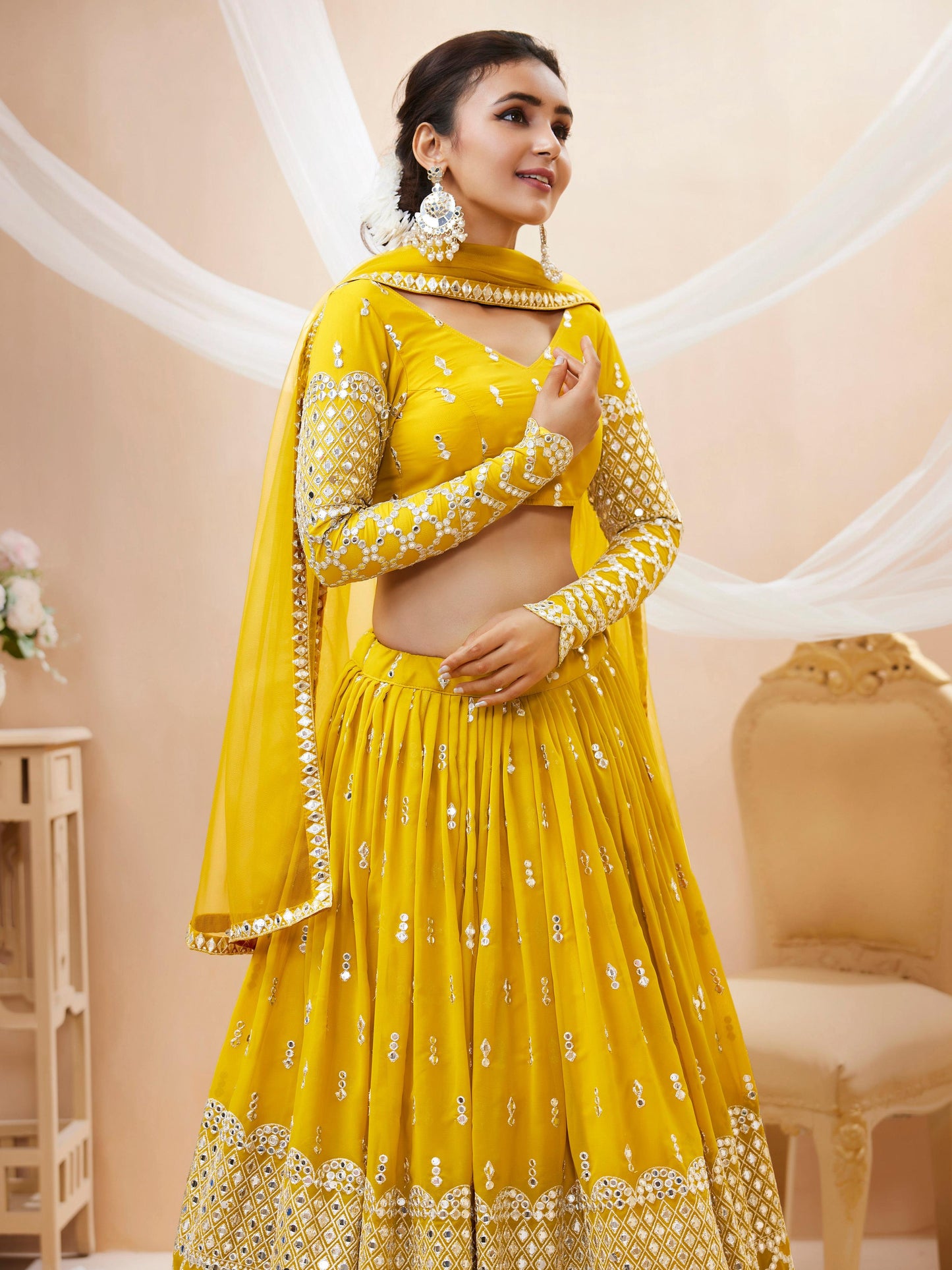 Jyoti Fashion Women's Yellow Georgette Sequins Zari Embroidered Lehenga Choli & Dupatta | Swadesiicart