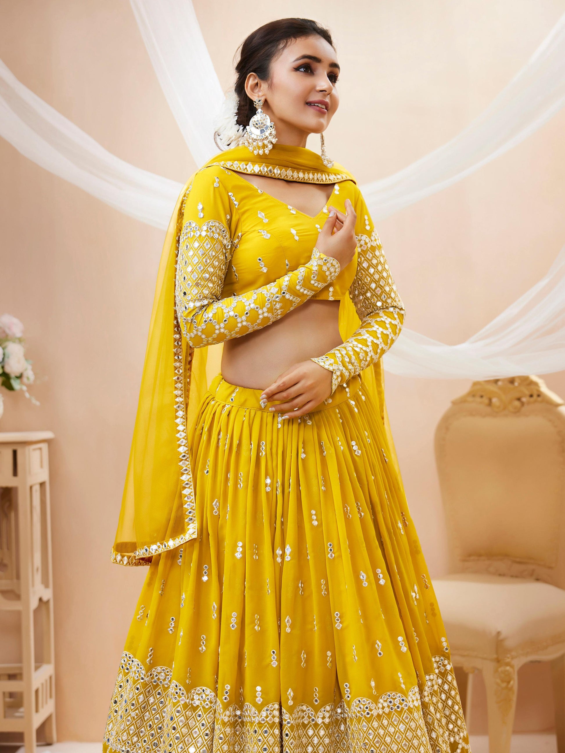 Jyoti Fashion Women's Yellow Georgette Sequins Zari Embroidered Lehenga Choli & Dupatta | Swadesiicart