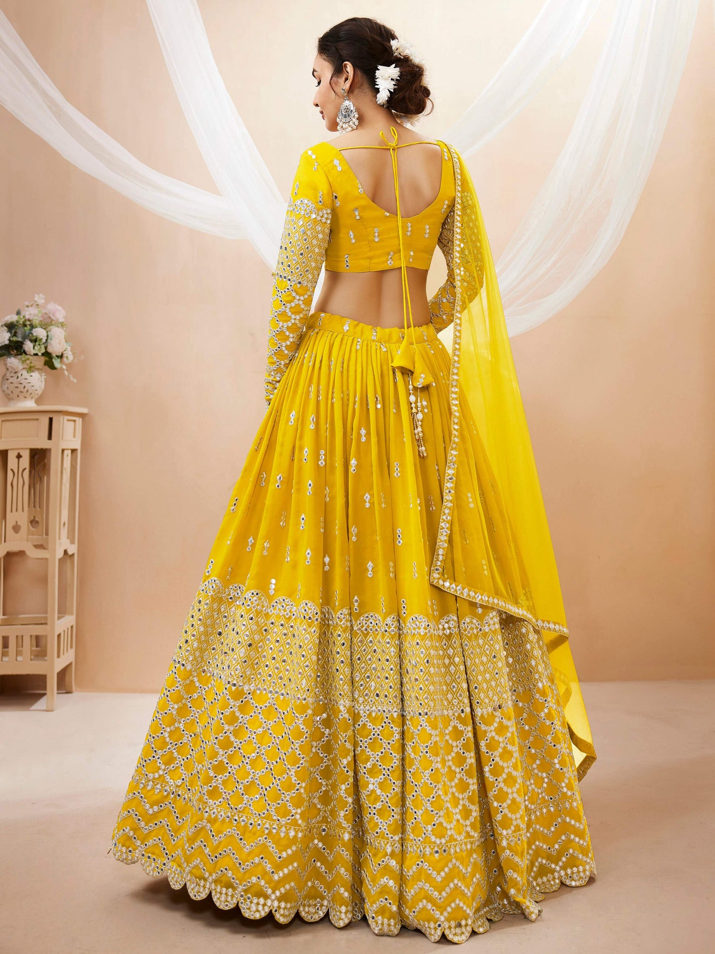 Jyoti Fashion Women's Yellow Georgette Sequins Zari Embroidered Lehenga Choli & Dupatta | Swadesiicart