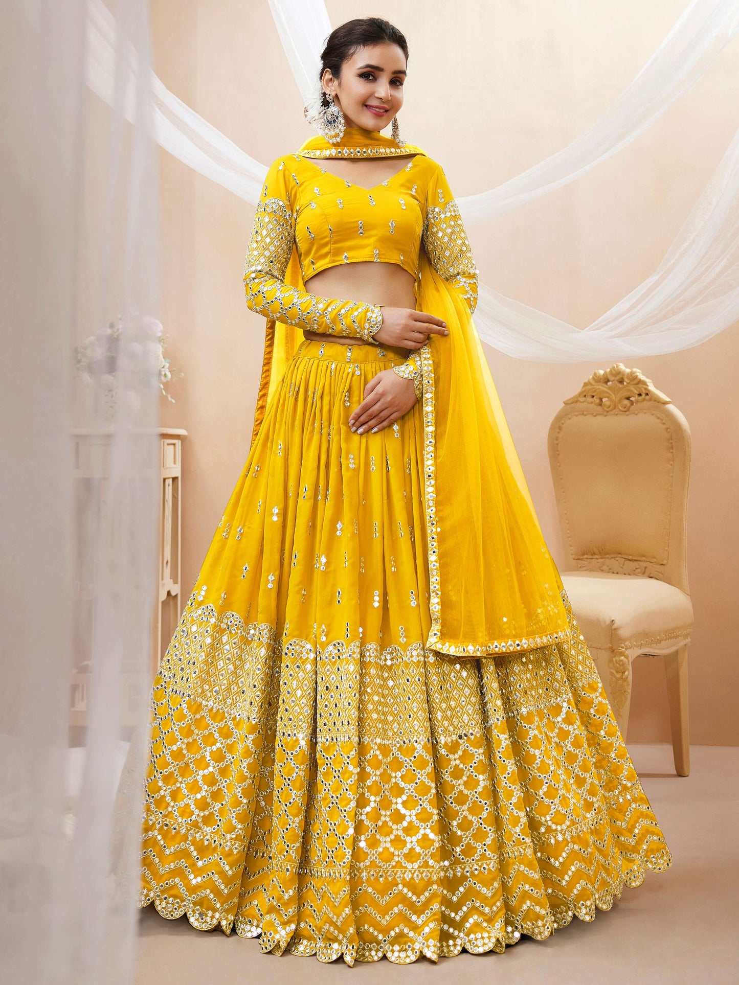 Jyoti Fashion Women's Yellow Georgette Sequins Zari Embroidered Lehenga Choli & Dupatta | Swadesiicart