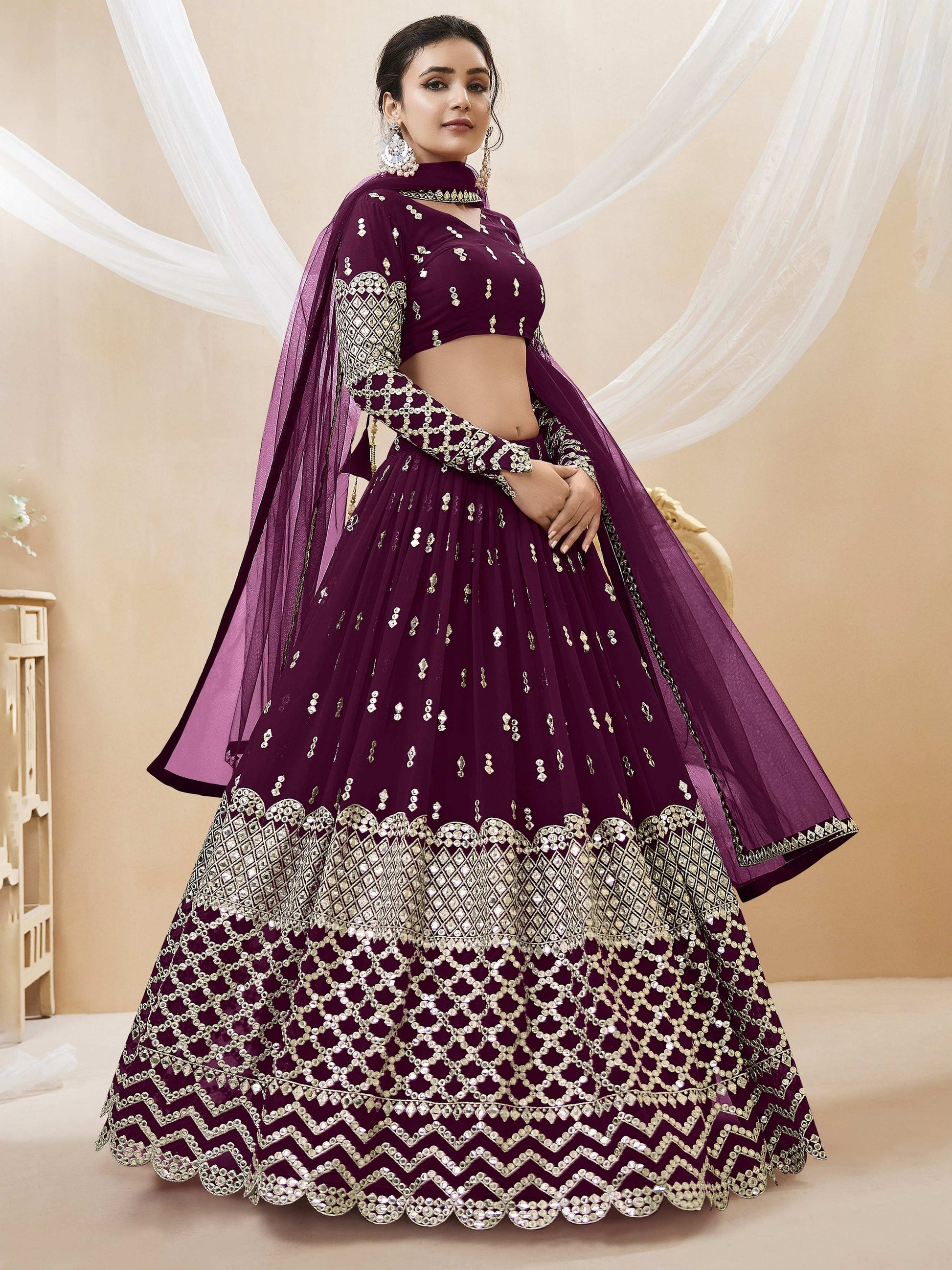 Jyoti Fashion Women's Wine Georgette Sequins Zari Embroidered Lehenga Choli & Dupatta | Swadesiicart