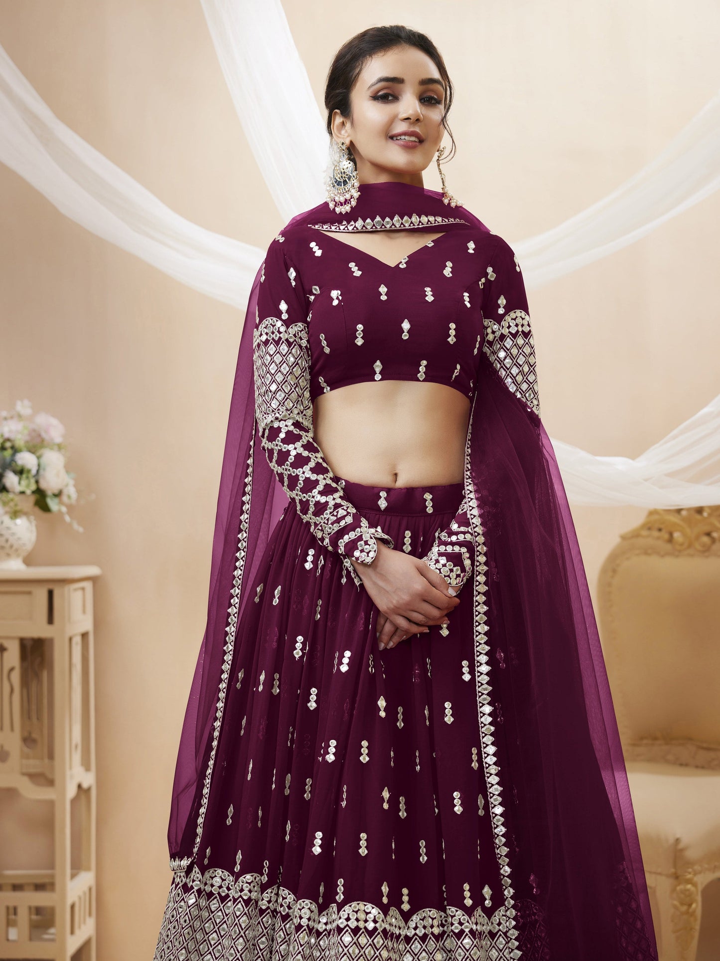 Jyoti Fashion Women's Wine Georgette Sequins Zari Embroidered Lehenga Choli & Dupatta | Swadesiicart