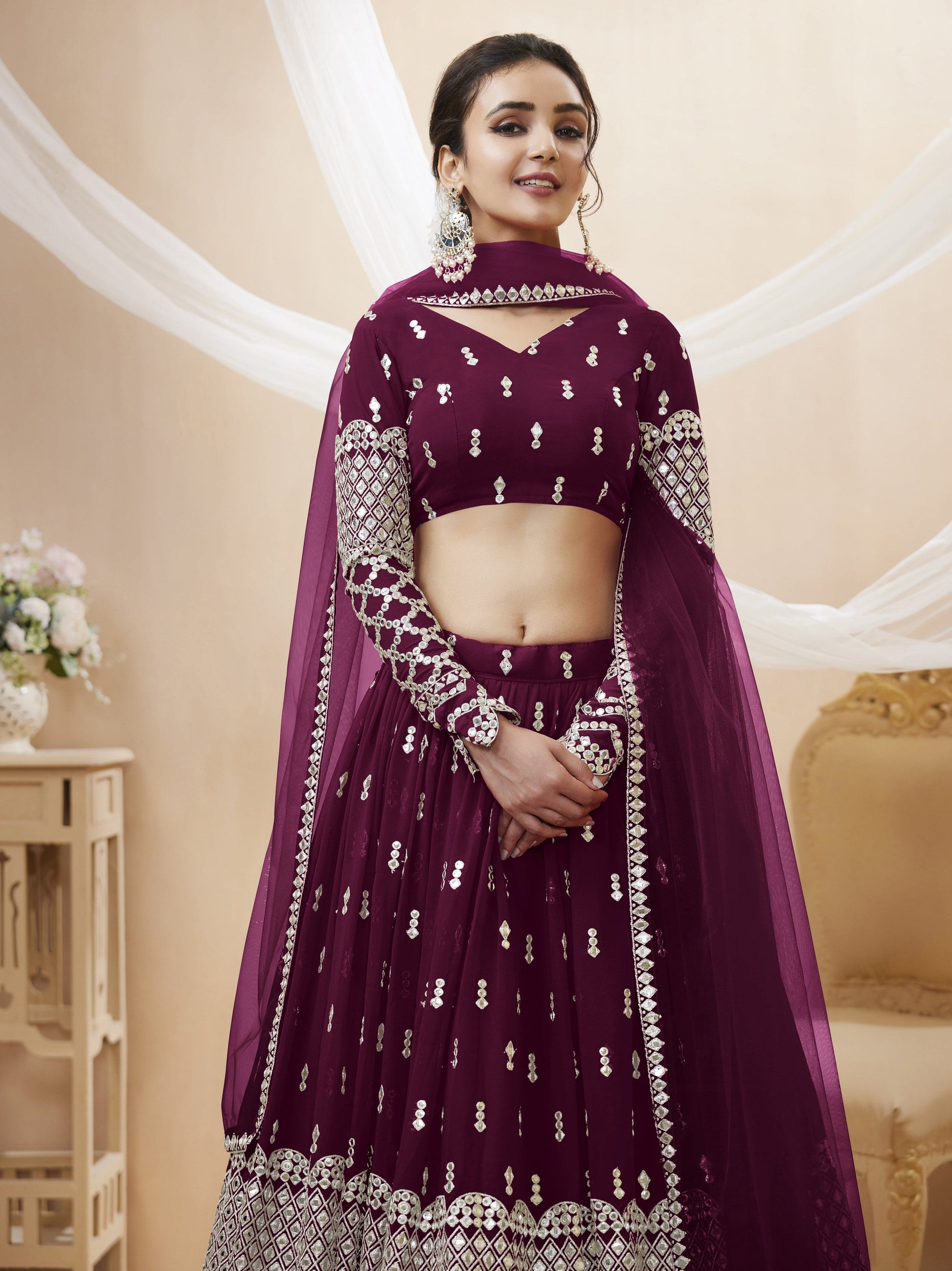 Jyoti Fashion Women's Wine Georgette Sequins Zari Embroidered Lehenga Choli & Dupatta | Swadesiicart