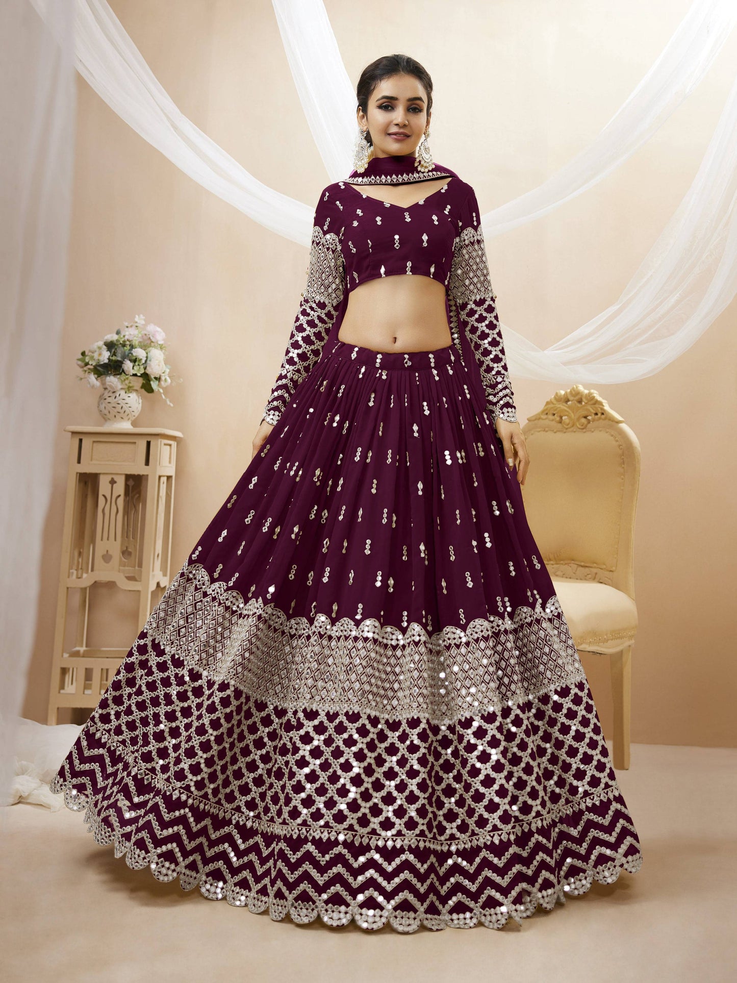 Jyoti Fashion Women's Wine Georgette Sequins Zari Embroidered Lehenga Choli & Dupatta | Swadesiicart