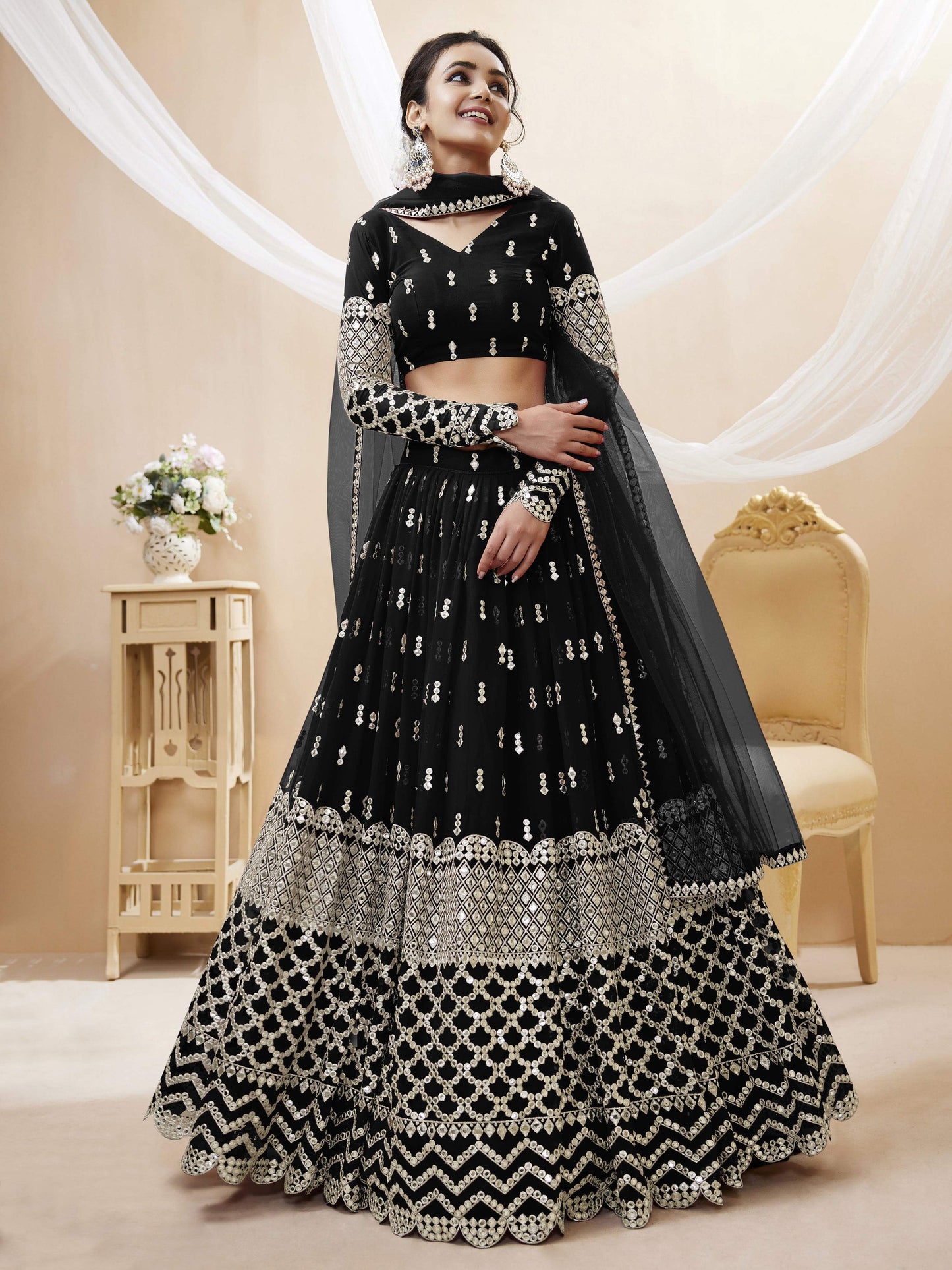Jyoti Fashion Women's Black Georgette Sequins Zari Embroidered Lehenga Choli & Dupatta | Swadesiicart