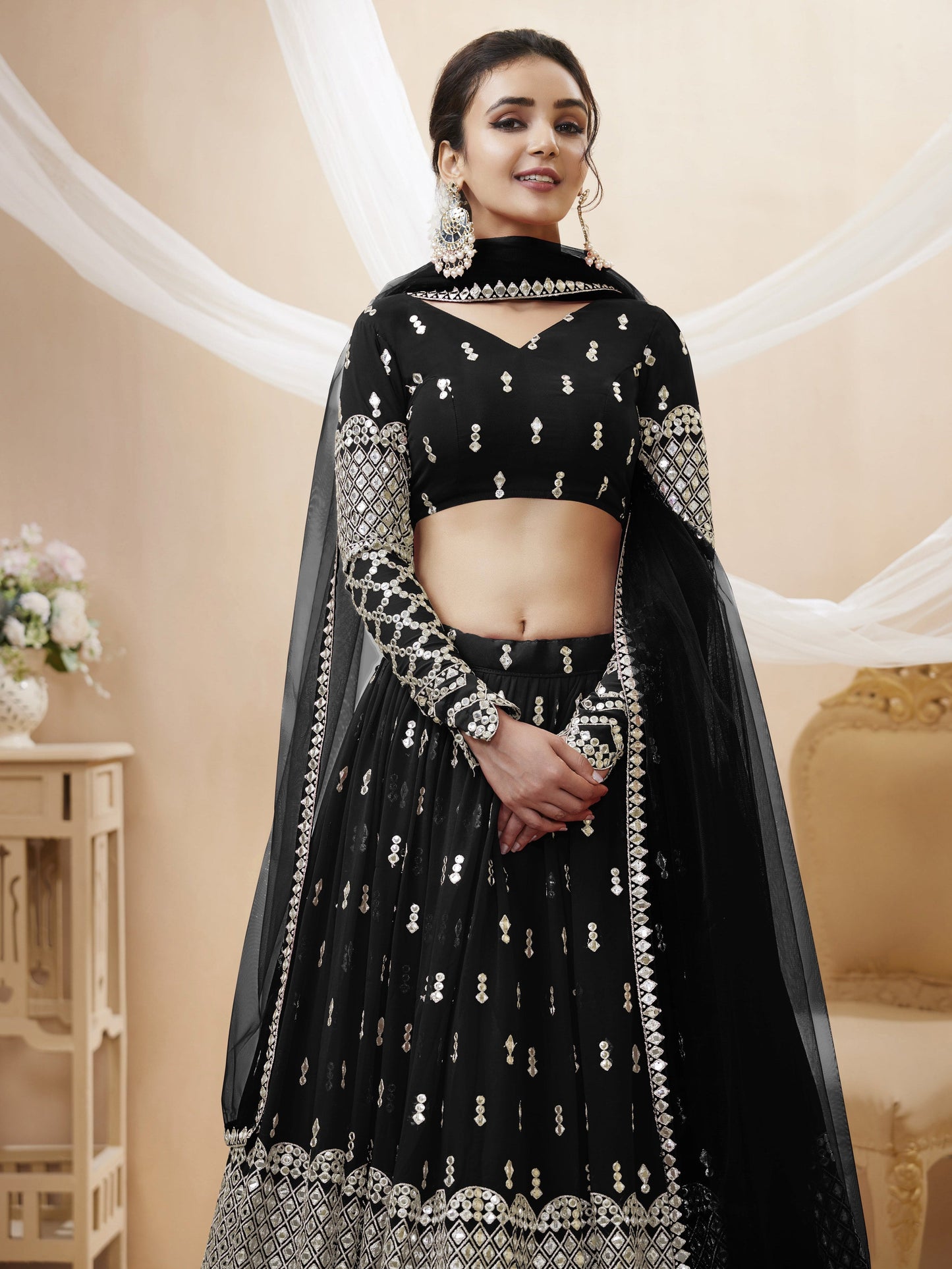 Jyoti Fashion Women's Black Georgette Sequins Zari Embroidered Lehenga Choli & Dupatta | Swadesiicart