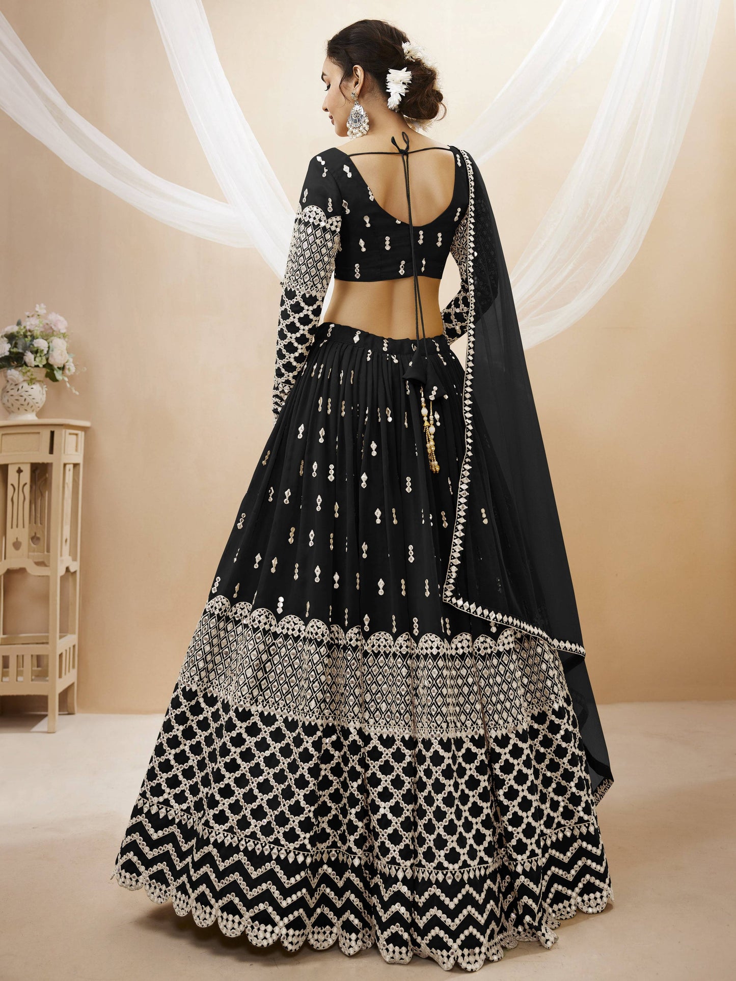 Jyoti Fashion Women's Black Georgette Sequins Zari Embroidered Lehenga Choli & Dupatta | Swadesiicart