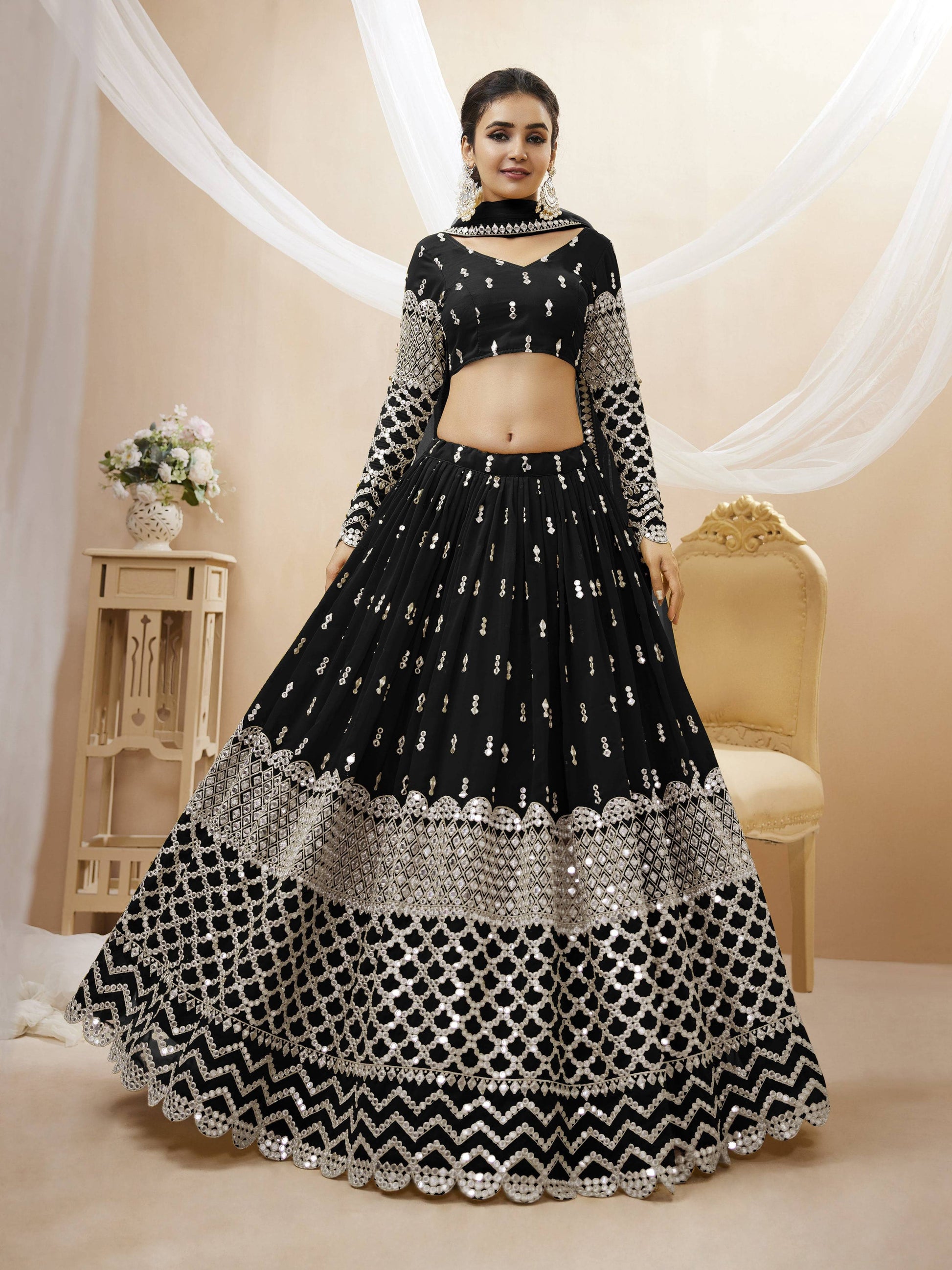 Jyoti Fashion Women's Black Georgette Sequins Zari Embroidered Lehenga Choli & Dupatta | Swadesiicart