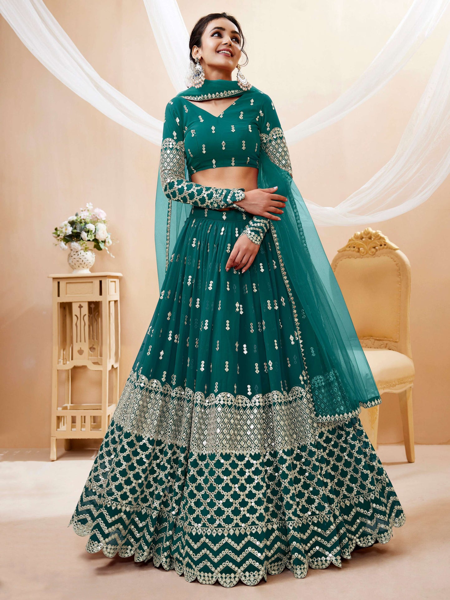 Jyoti Fashion Women's Teal Blue Georgette Sequins Zari Embroidered Lehenga Choli & Dupatta | Swadesiicart