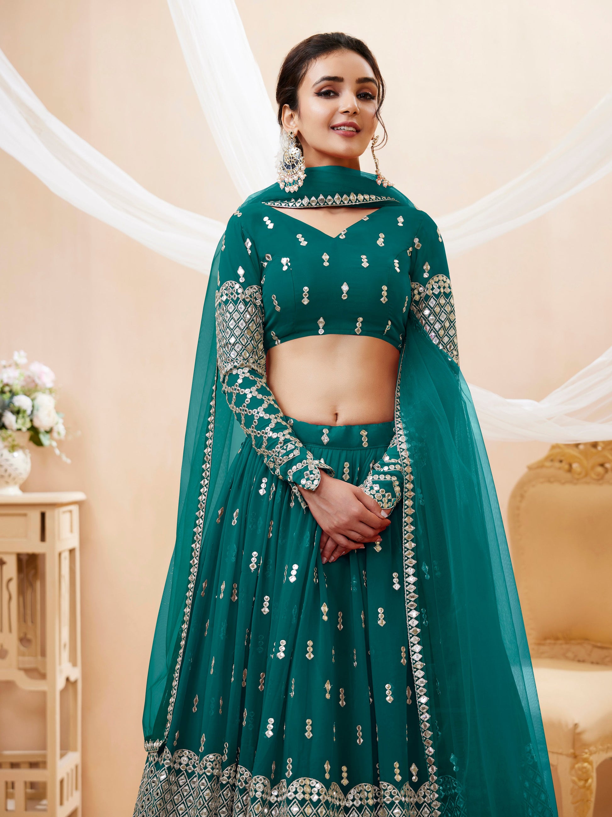 Jyoti Fashion Women's Teal Blue Georgette Sequins Zari Embroidered Lehenga Choli & Dupatta | Swadesiicart