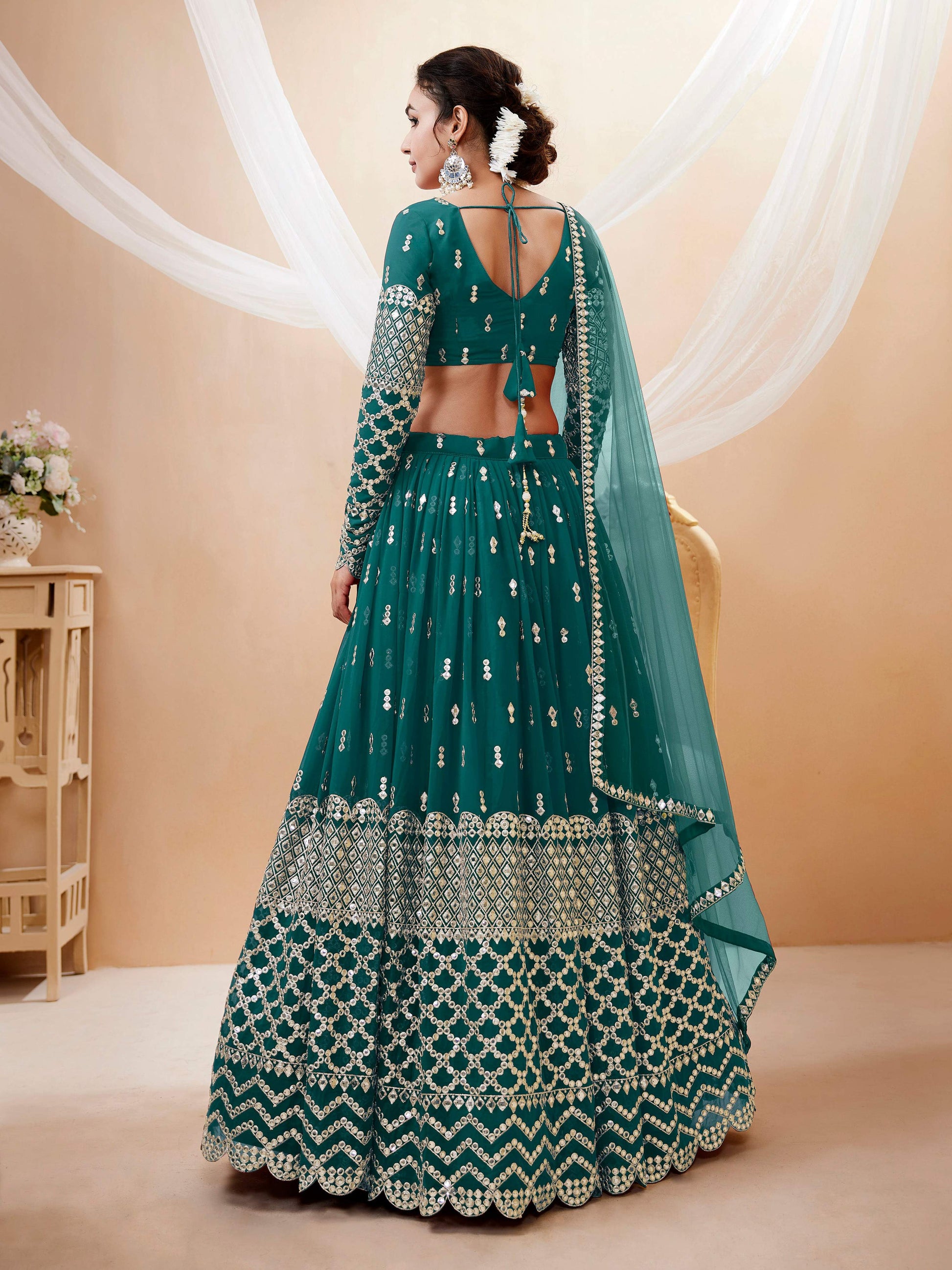 Jyoti Fashion Women's Teal Blue Georgette Sequins Zari Embroidered Lehenga Choli & Dupatta | Swadesiicart