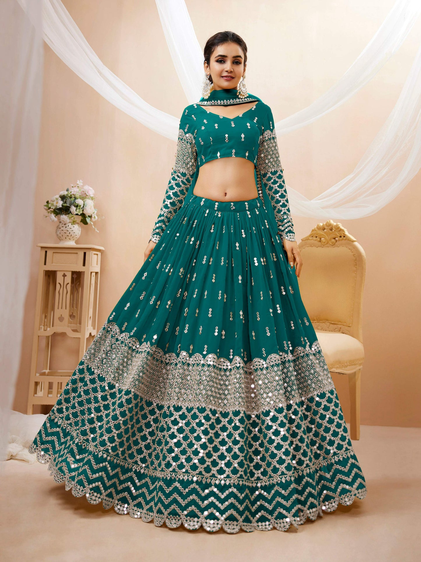 Jyoti Fashion Women's Teal Blue Georgette Sequins Zari Embroidered Lehenga Choli & Dupatta | Swadesiicart