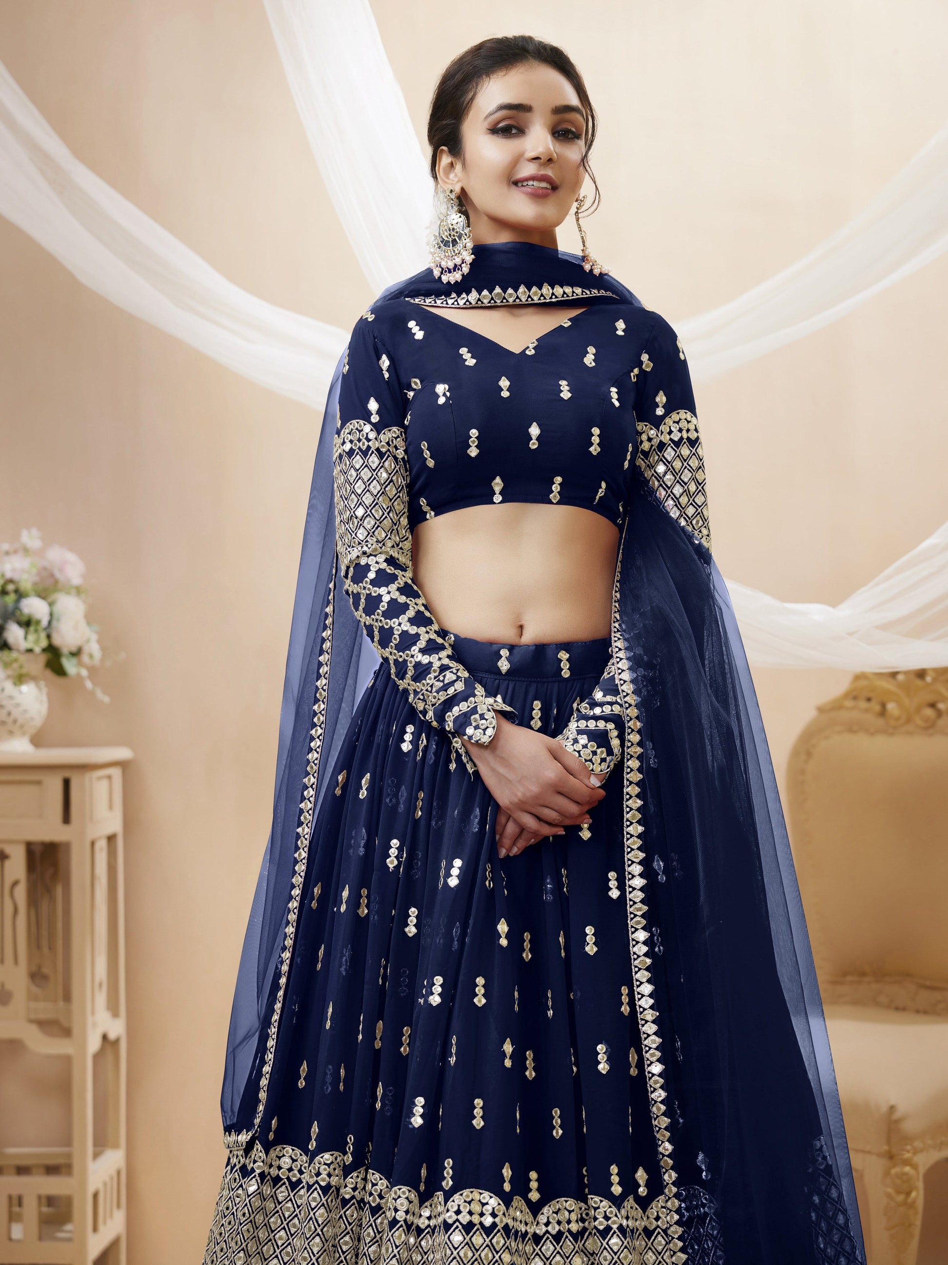 Jyoti Fashion Women's Navy Blue Georgette Sequins Zari Embroidered Lehenga Choli & Dupatta | Swadesiicart