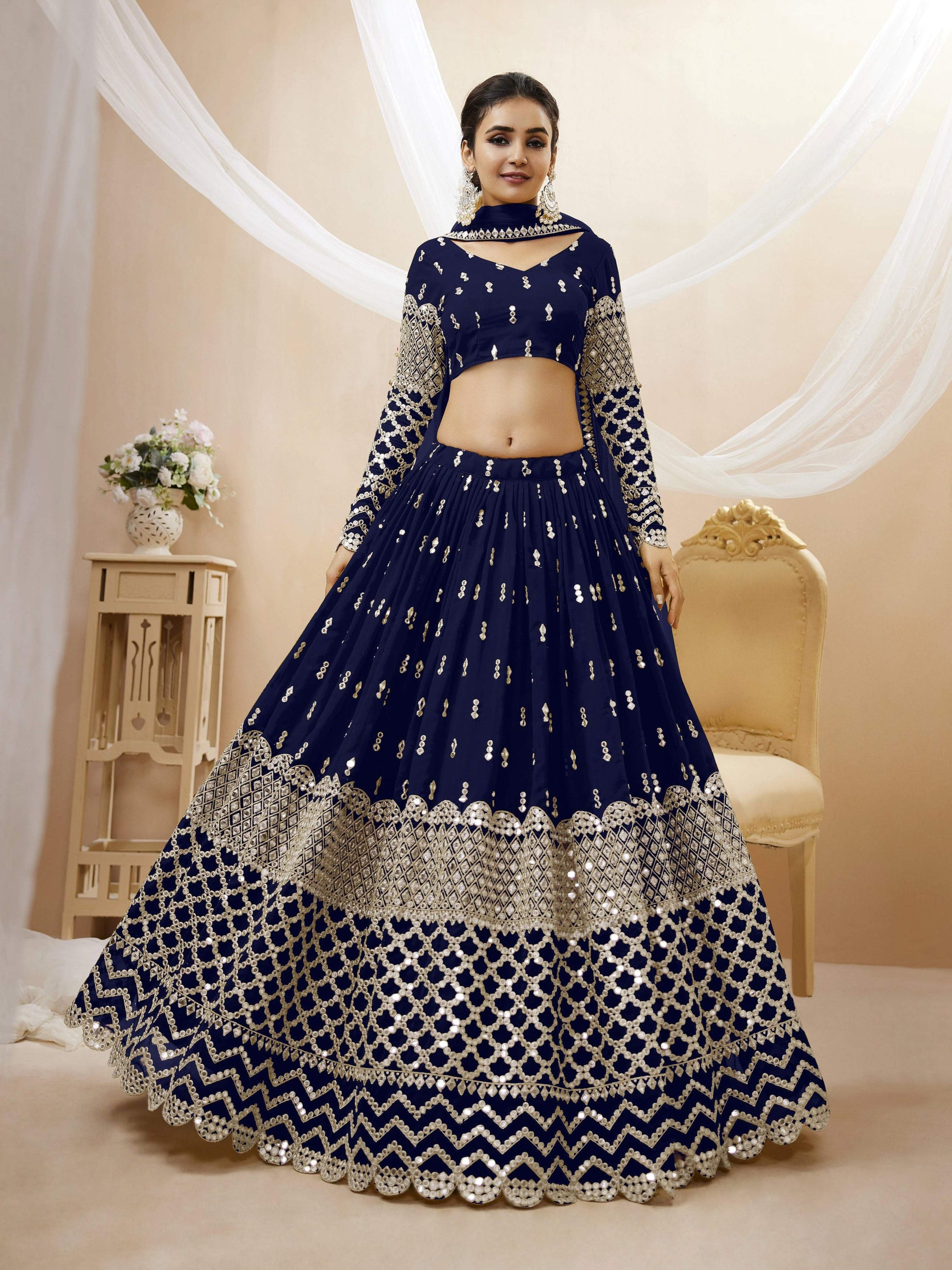 Jyoti Fashion Women's Navy Blue Georgette Sequins Zari Embroidered Lehenga Choli & Dupatta | Swadesiicart