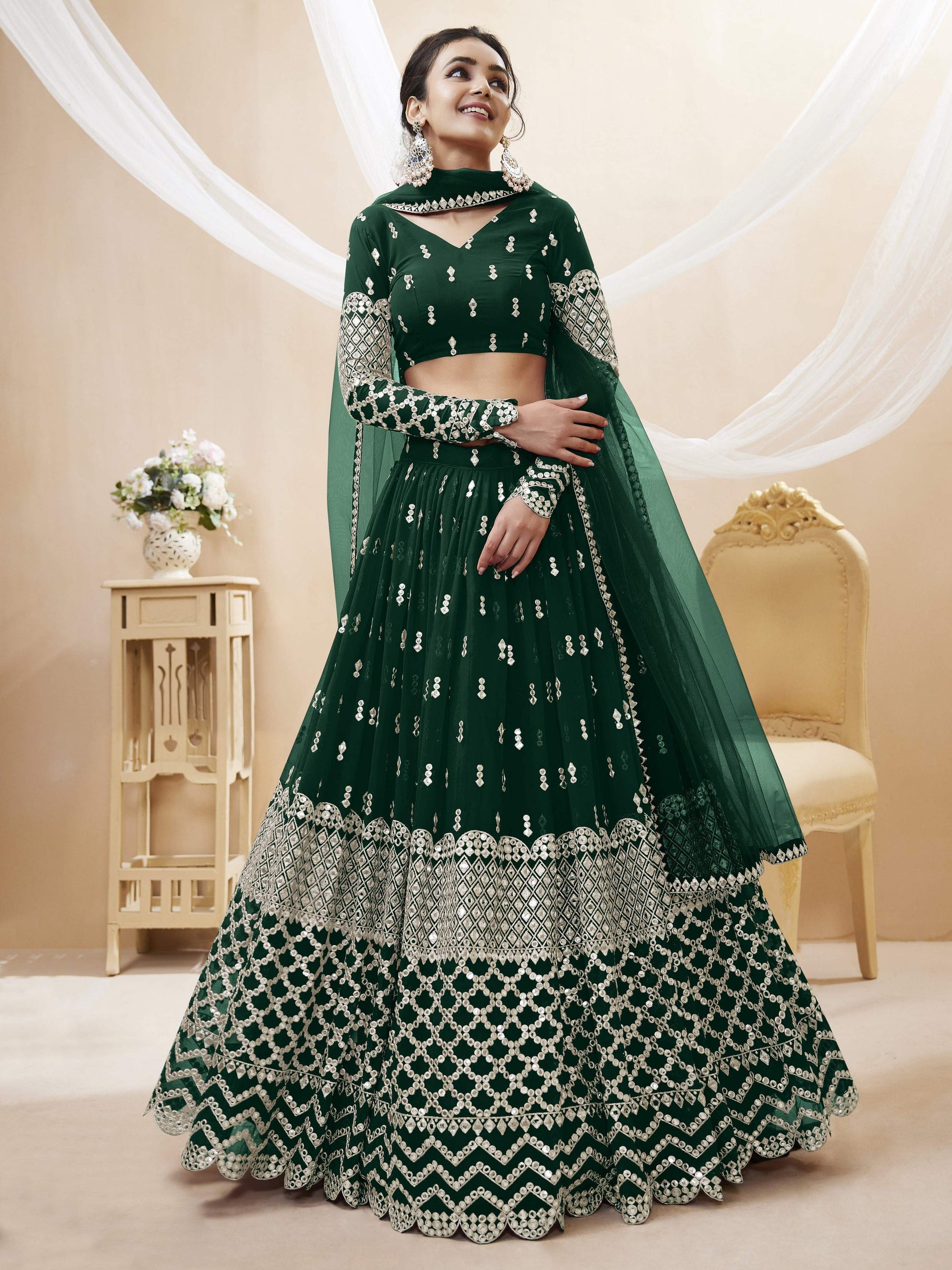 Jyoti Fashion Women's Green Georgette Sequins Zari Embroidered Lehenga Choli & Dupatta | Swadesiicart