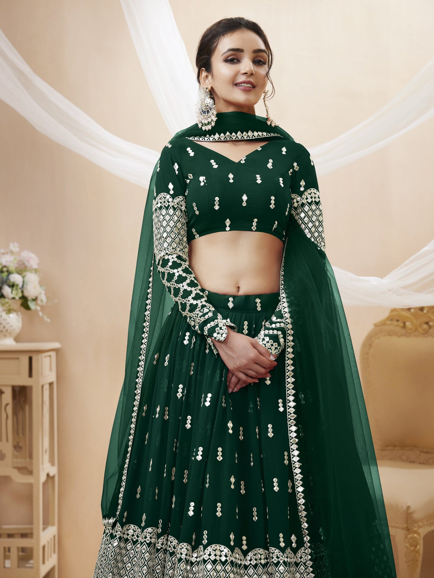 Jyoti Fashion Women's Green Georgette Sequins Zari Embroidered Lehenga Choli & Dupatta | Swadesiicart