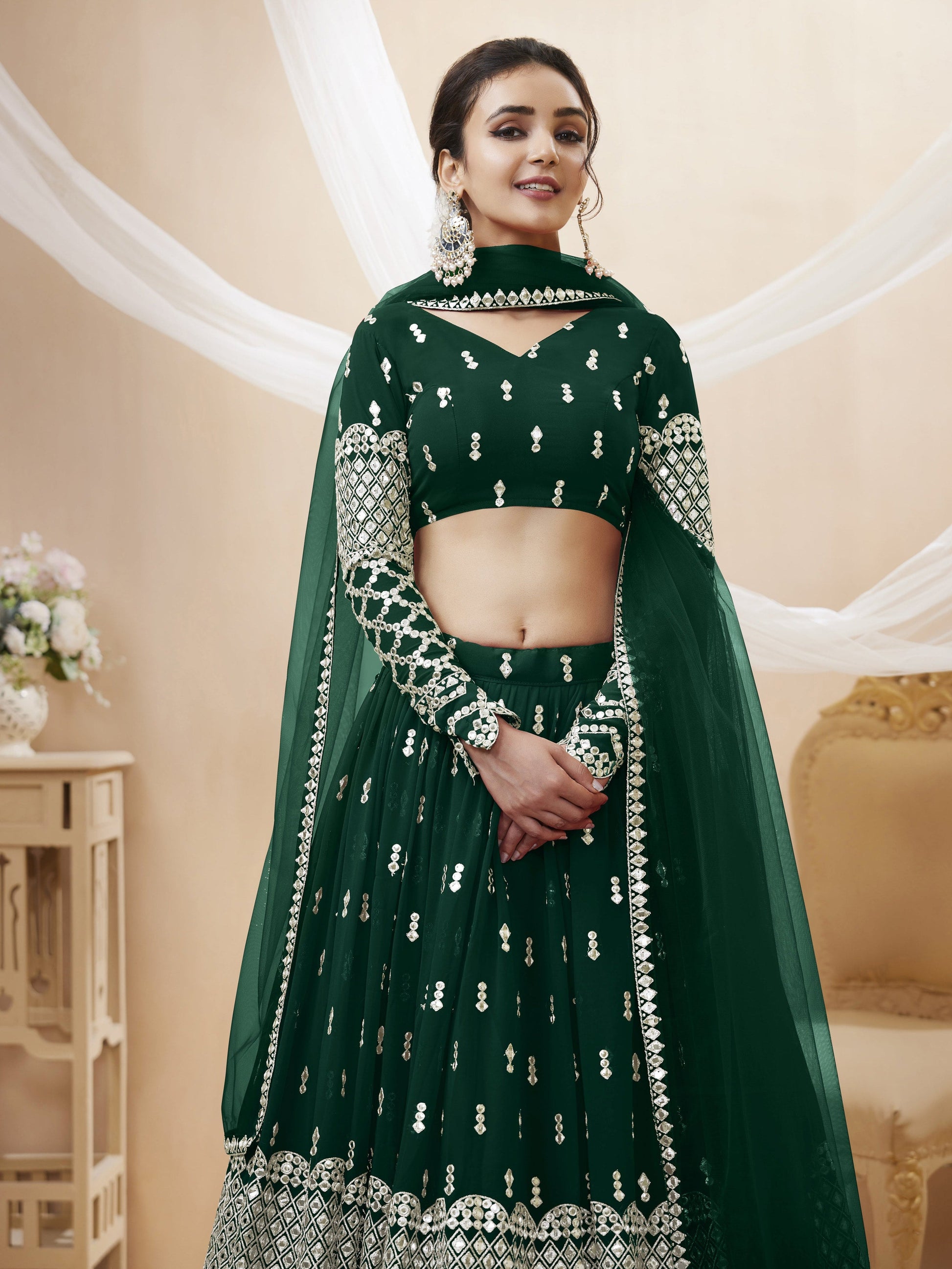 Jyoti Fashion Women's Green Georgette Sequins Zari Embroidered Lehenga Choli & Dupatta | Swadesiicart