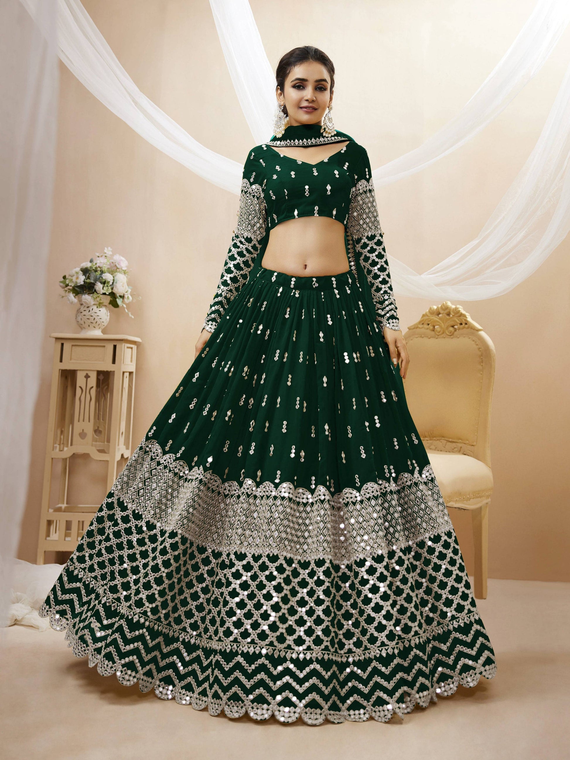 Jyoti Fashion Women's Green Georgette Sequins Zari Embroidered Lehenga Choli & Dupatta | Swadesiicart