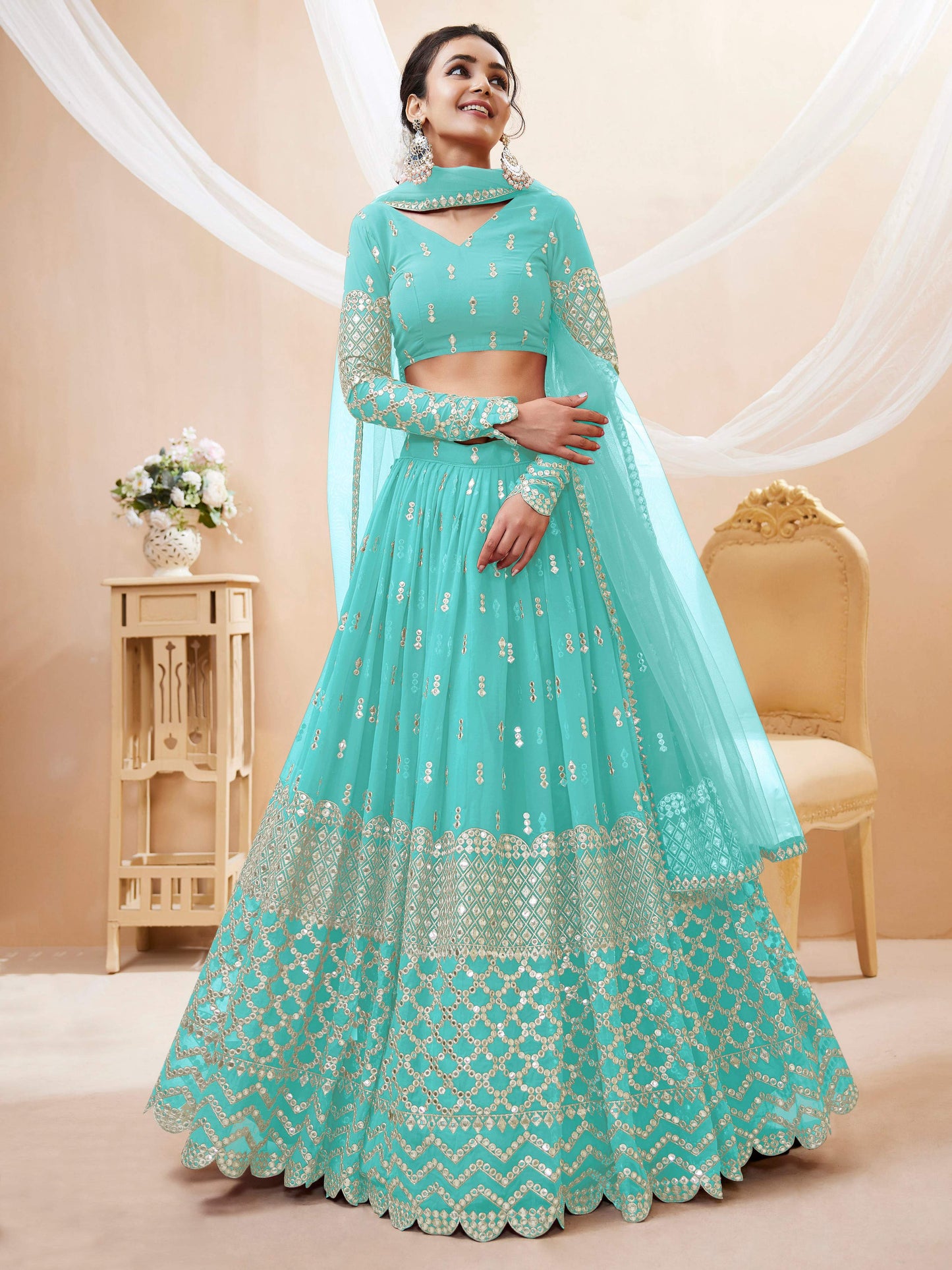 Jyoti Fashion Women's Sky Blue Georgette Sequins Zari Embroidered Lehenga Choli & Dupatta | Swadesiicart