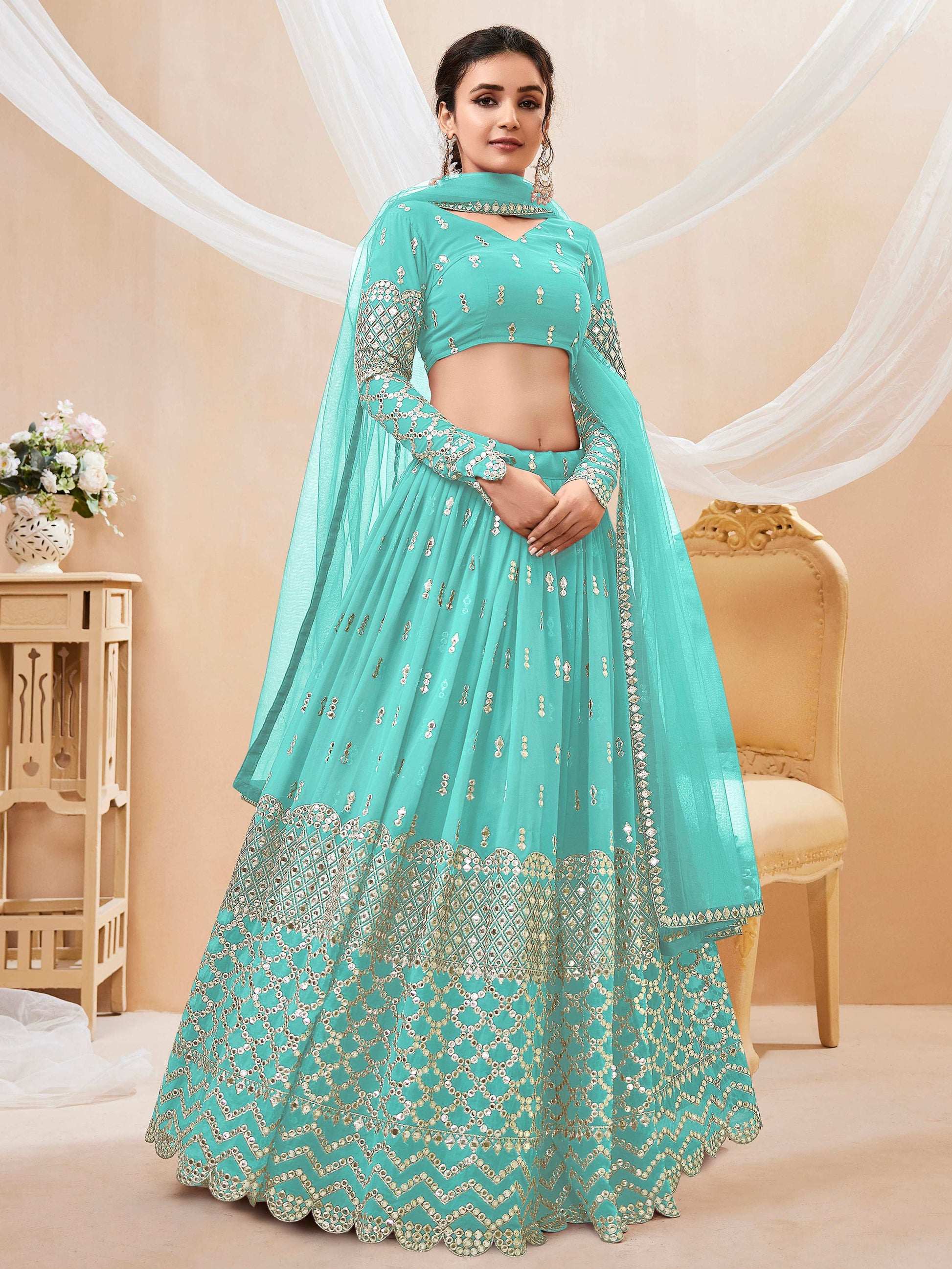Jyoti Fashion Women's Sky Blue Georgette Sequins Zari Embroidered Lehenga Choli & Dupatta | Swadesiicart