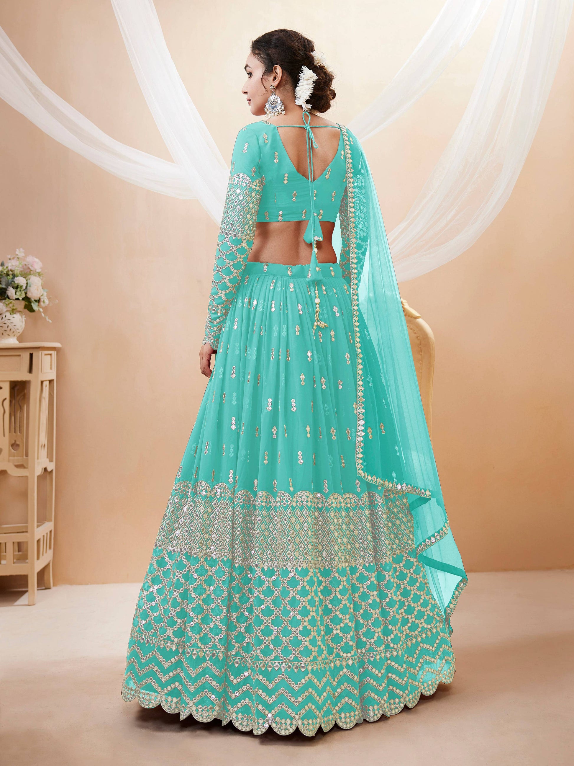 Jyoti Fashion Women's Sky Blue Georgette Sequins Zari Embroidered Lehenga Choli & Dupatta | Swadesiicart